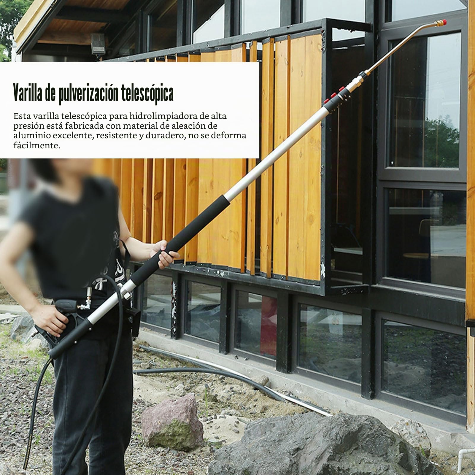 Barra Telescópica de Limpieza a Presión con 4 Cierres de Palanca, 2 Adaptadores de Manguera, 5 Boquillas para Limpiador de Alta Presión, para Canalones, Tejados y Sofits