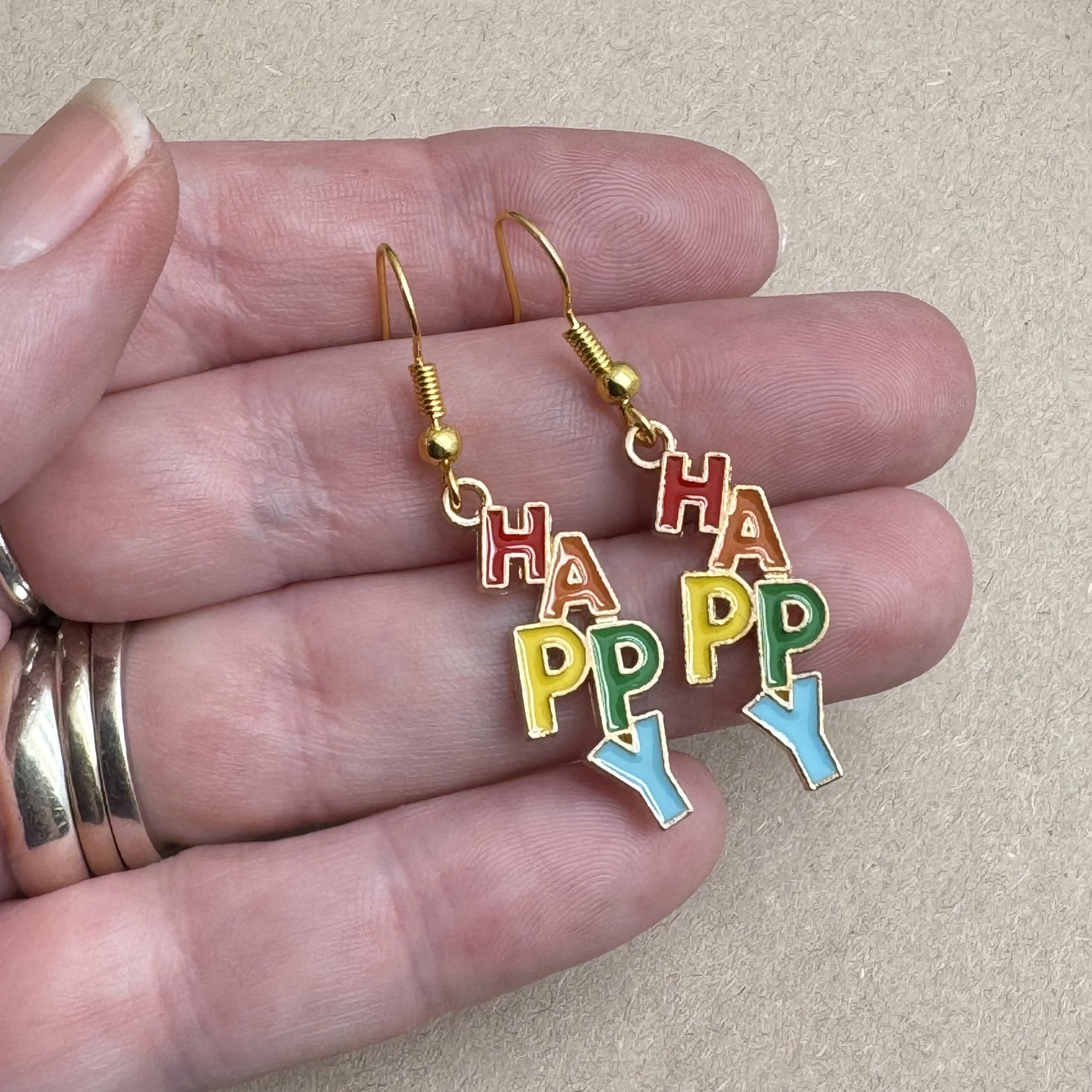 HAPPY Charm Earrings, Rainbow Enamel Charm Beads on Nickel Free Gold Tone Hooks : 45mm long - Image 3