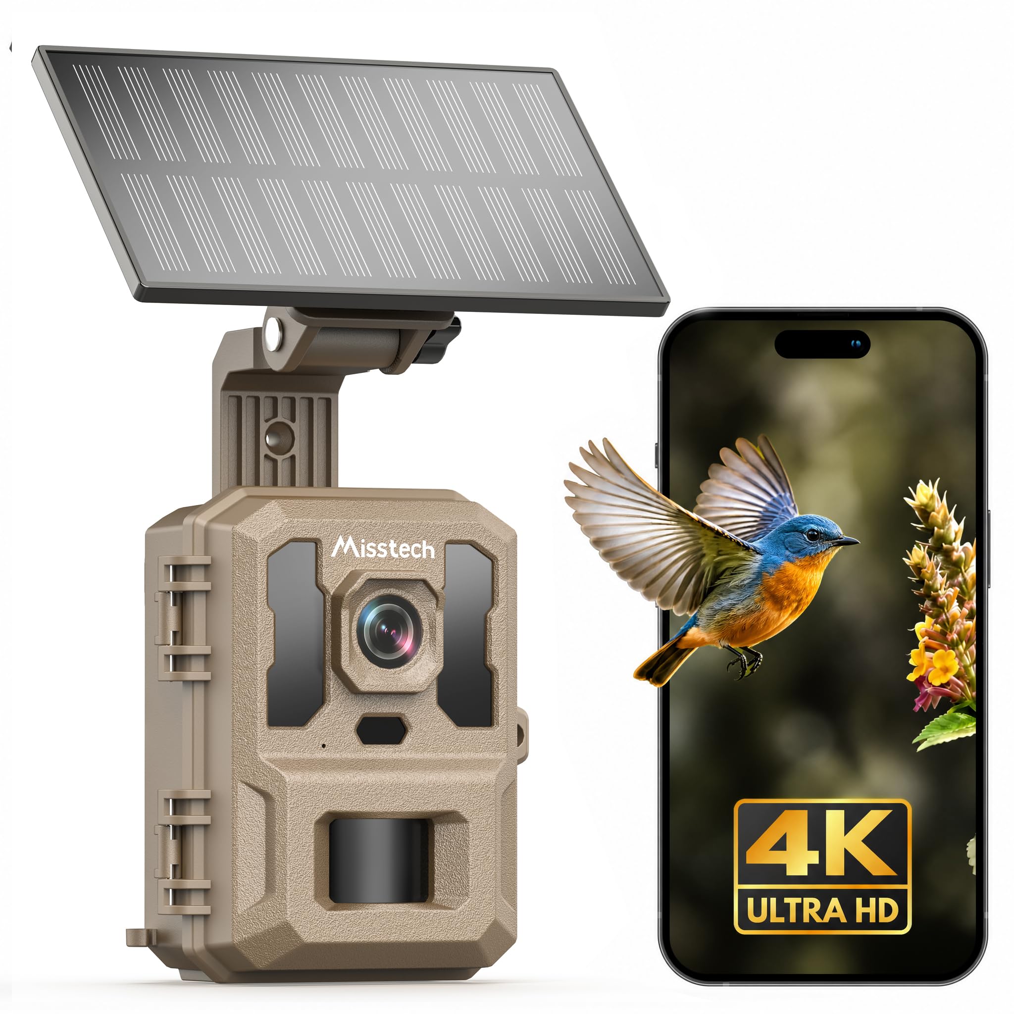 Misstech Caméra de Chasse Solaire 4K 64MP, Vision Nocturne, sans Abonnement | Déclenchement 0,1s, Vision Nocturne, IP66 Étanche, Stockage Local, Idéal pour Jardin, Ferme, Forêt et Observation de la Faune