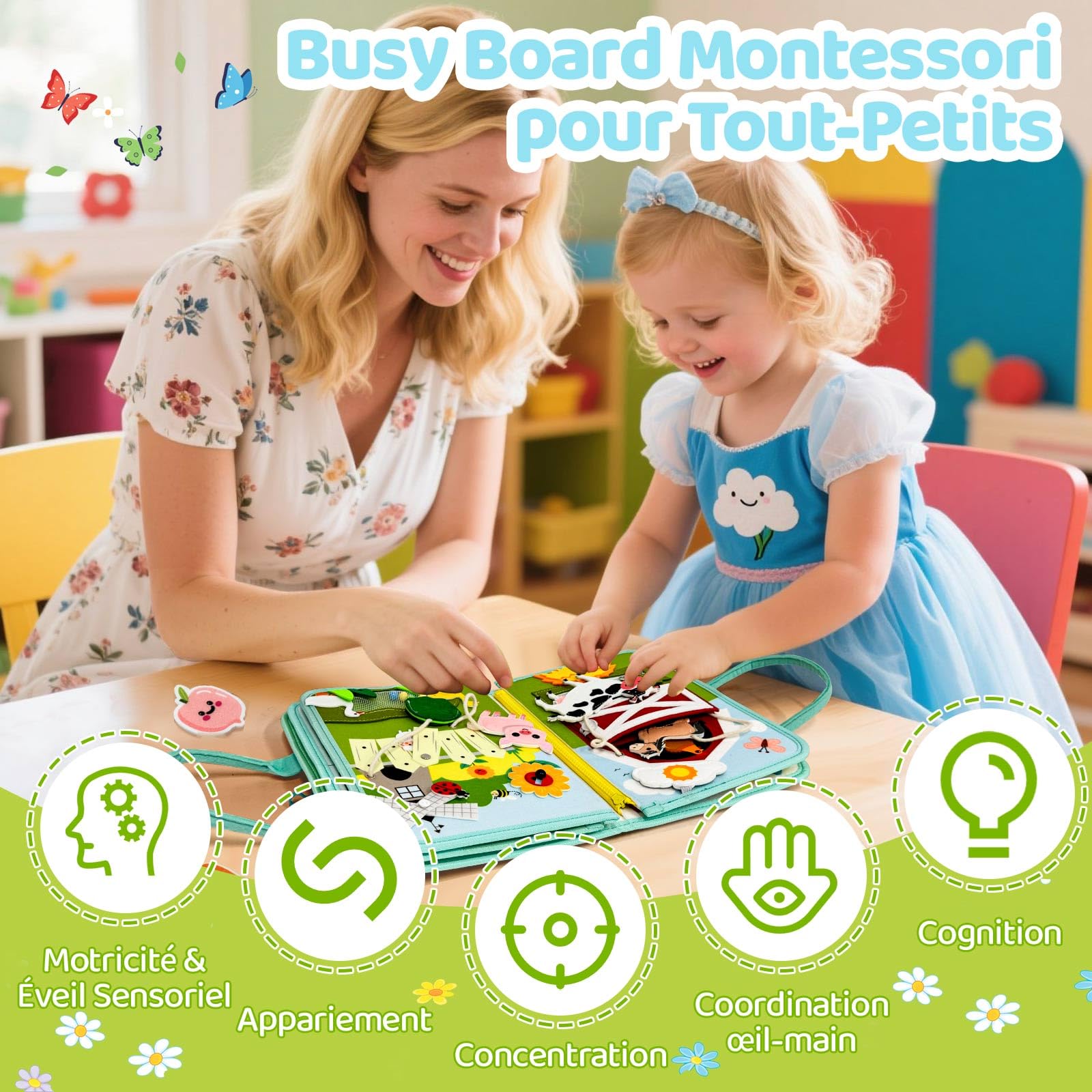 Busy Board Francese, Giochi Bambini 2 Anni, Libro Montessori Interattivo, Quiet Book Sensoriale Educativo, Regalo Bimbo Bambina 1 2 3 4 5 Anni, Giochi Montessori 1 Anno