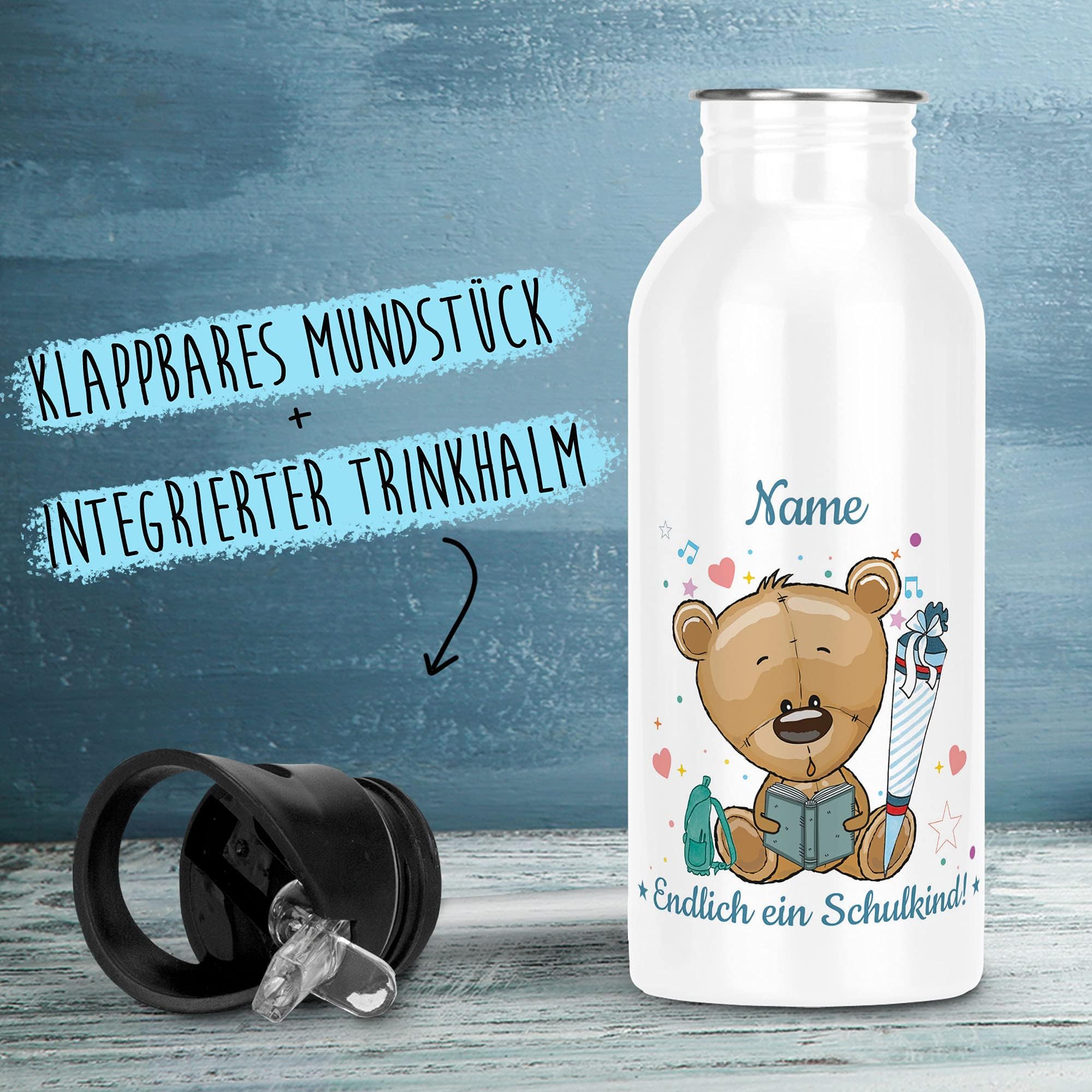 Geschenk-Set aus Trinkflasche und Kissen - Endlich ein Schulkind - Zur Einschulung für Jungs - mit Wunschname personalisieren - Einschulungsgeschenk - Kissen weiß, Flauschig - Flasche weiß, 600 ml