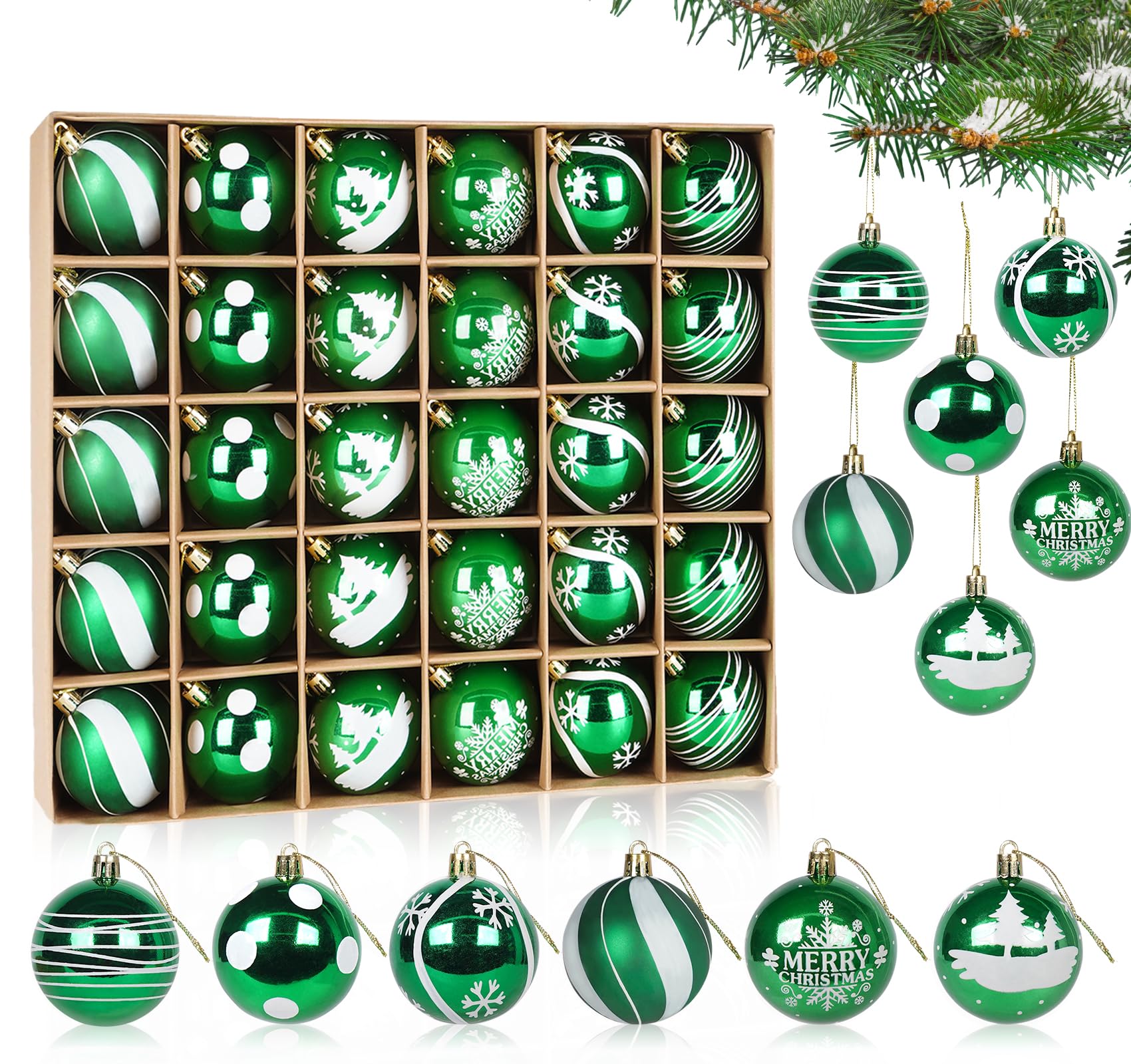 30 Palline Per Albero Di Natale 6 Cm In Plastica - Rosse E Verdi, Motivi Tradizionali - 5