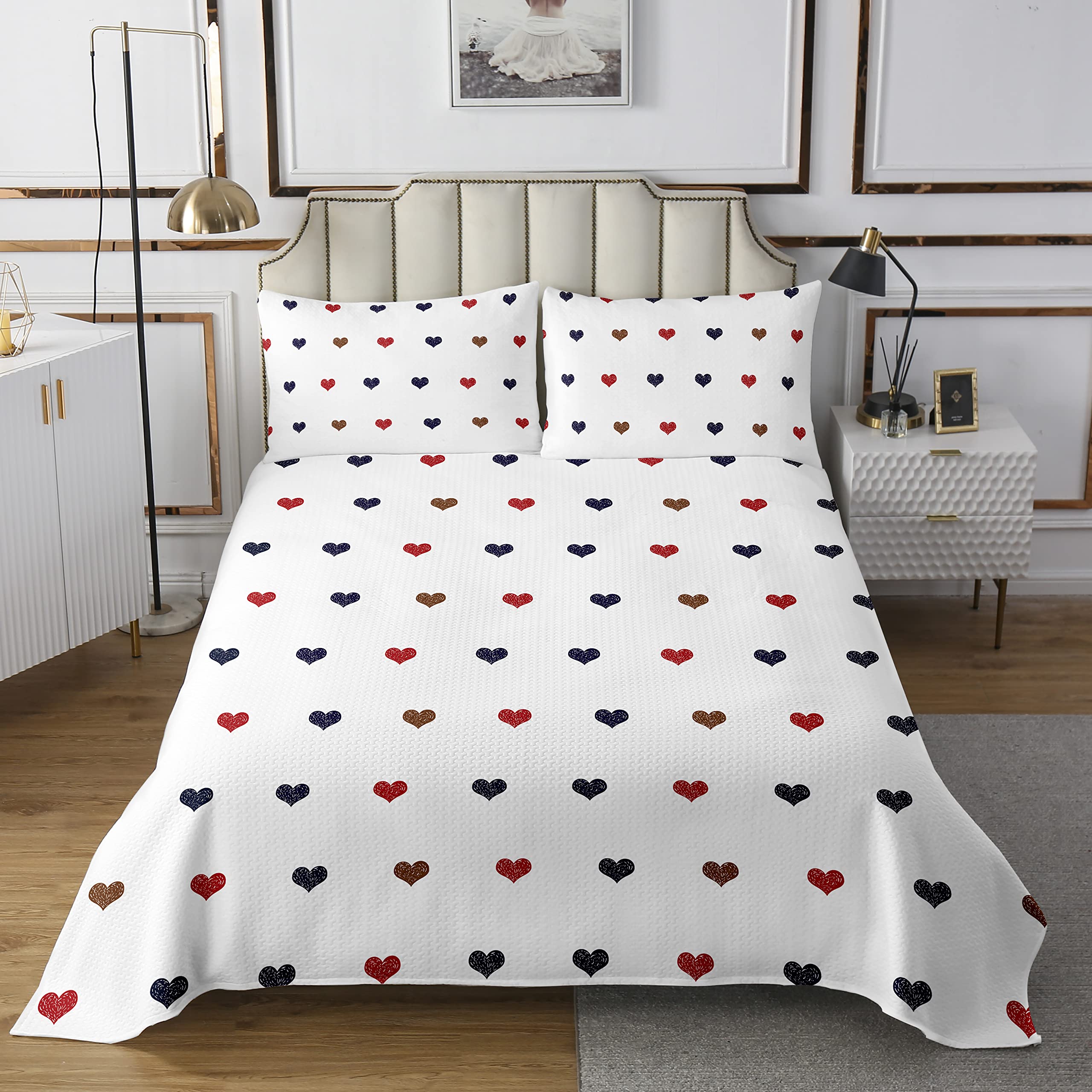 Parure de lit toutes saisons matelassée motif cœur Kawaii en microfibre respirante
