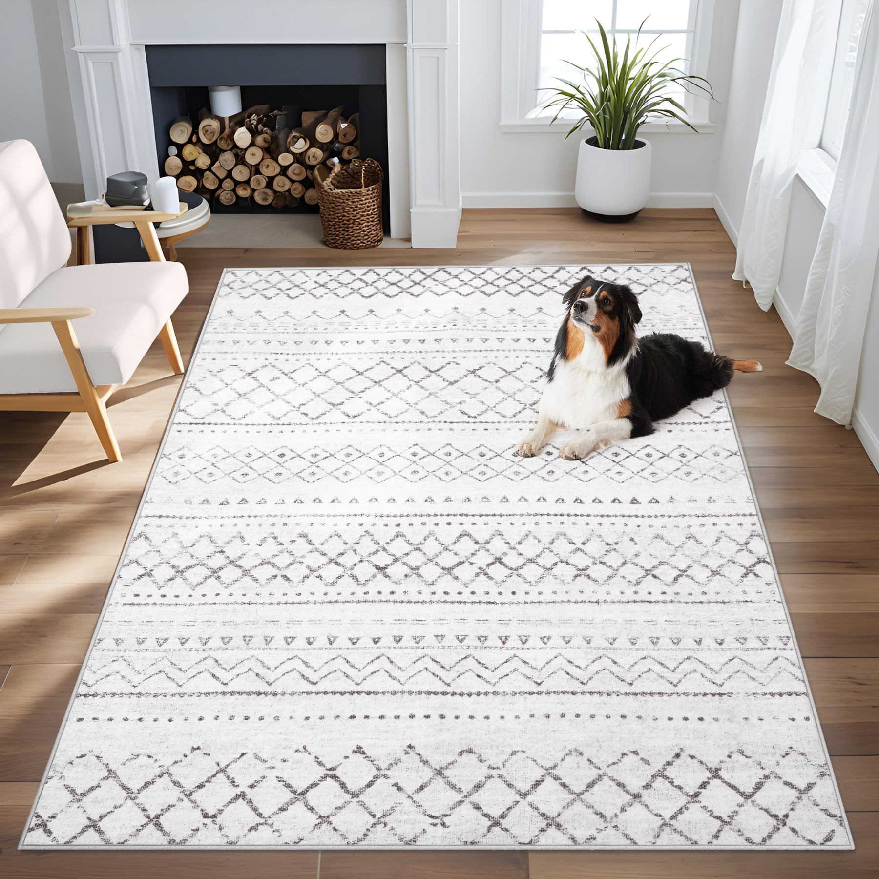 Area Rug 4x6 Geometric Rug: Washable Boho Moroccan Rugs Soft Farmhouse Rug, Modern Neutral Stain Resistant Indoor Floor Carpet for Livingroom Bedroom