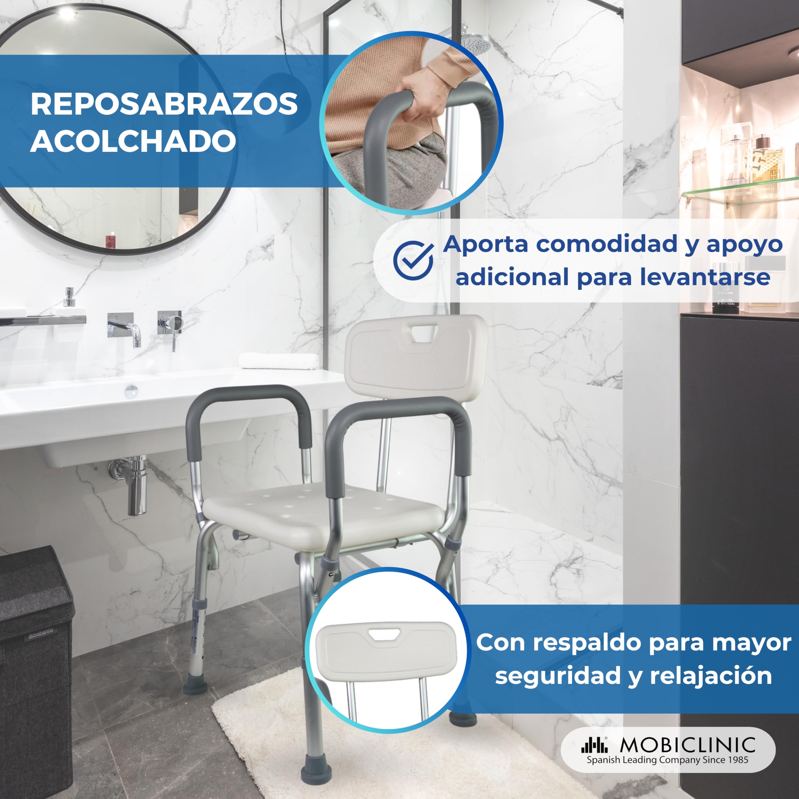 Mobiclinic, Silla de Ducha con Respaldo, Baño, para Adultos, Puerto, Marca española, Ortopédica, Antideslizante, Altura Regulable, Ayuda Ancianos y discapacitados, WC, Ergonómica