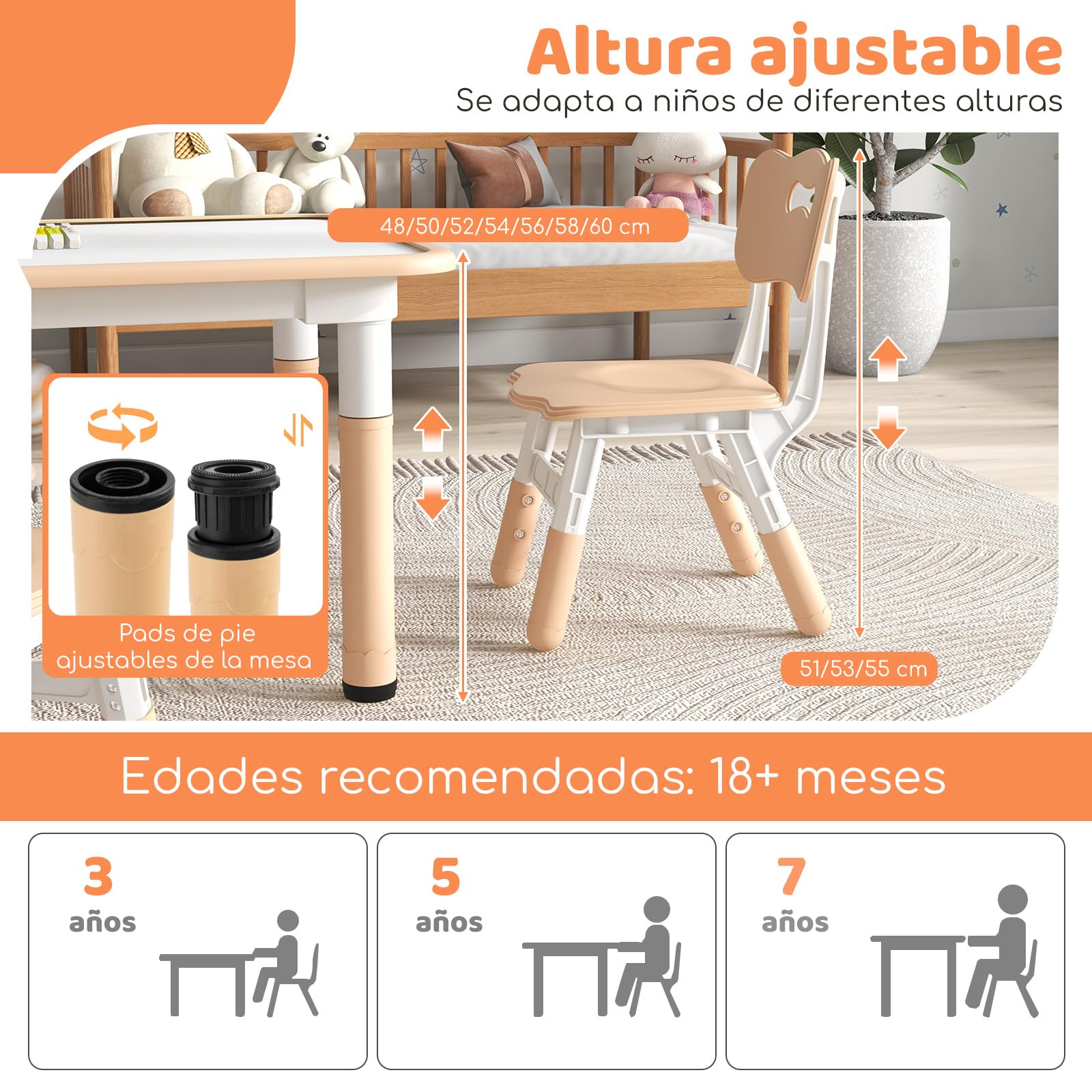 GOPLUS Juego de Mesa Infantil con 4 Sillas, Escritorio Infantil y Sillas Regulables en Altura con Bandeja para Graffiti, Mesa de Dibujo para Niños y Niñas de 2+ Años, Capacidad 50 KG (Natural)