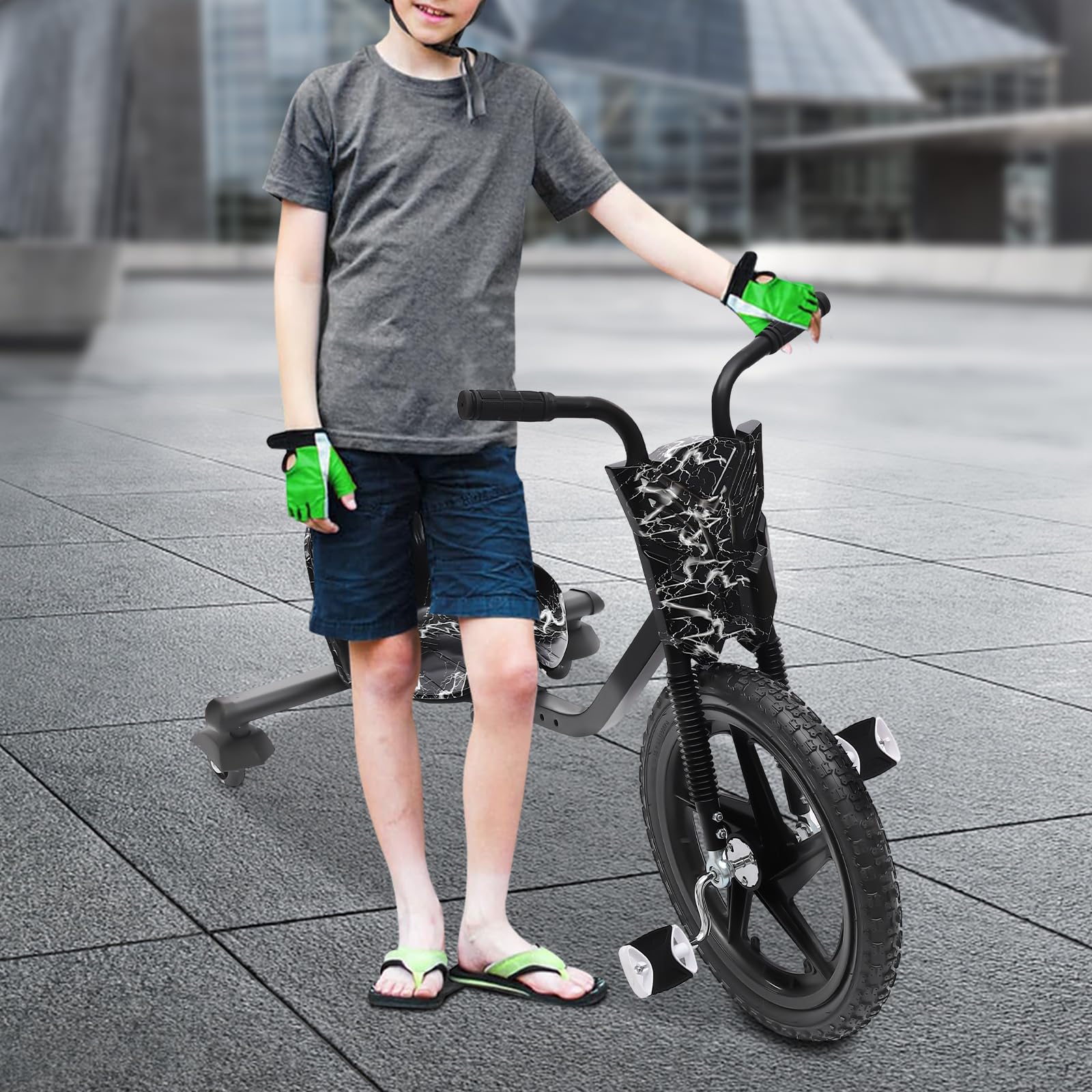 Drift Trike, 360° Drift Cart Tretauto mit Pedale Verstellbarer Schalensitz Schwarzer Blitz ab 6 Jahren für Straße Spielplatz Hof Park Outdoor