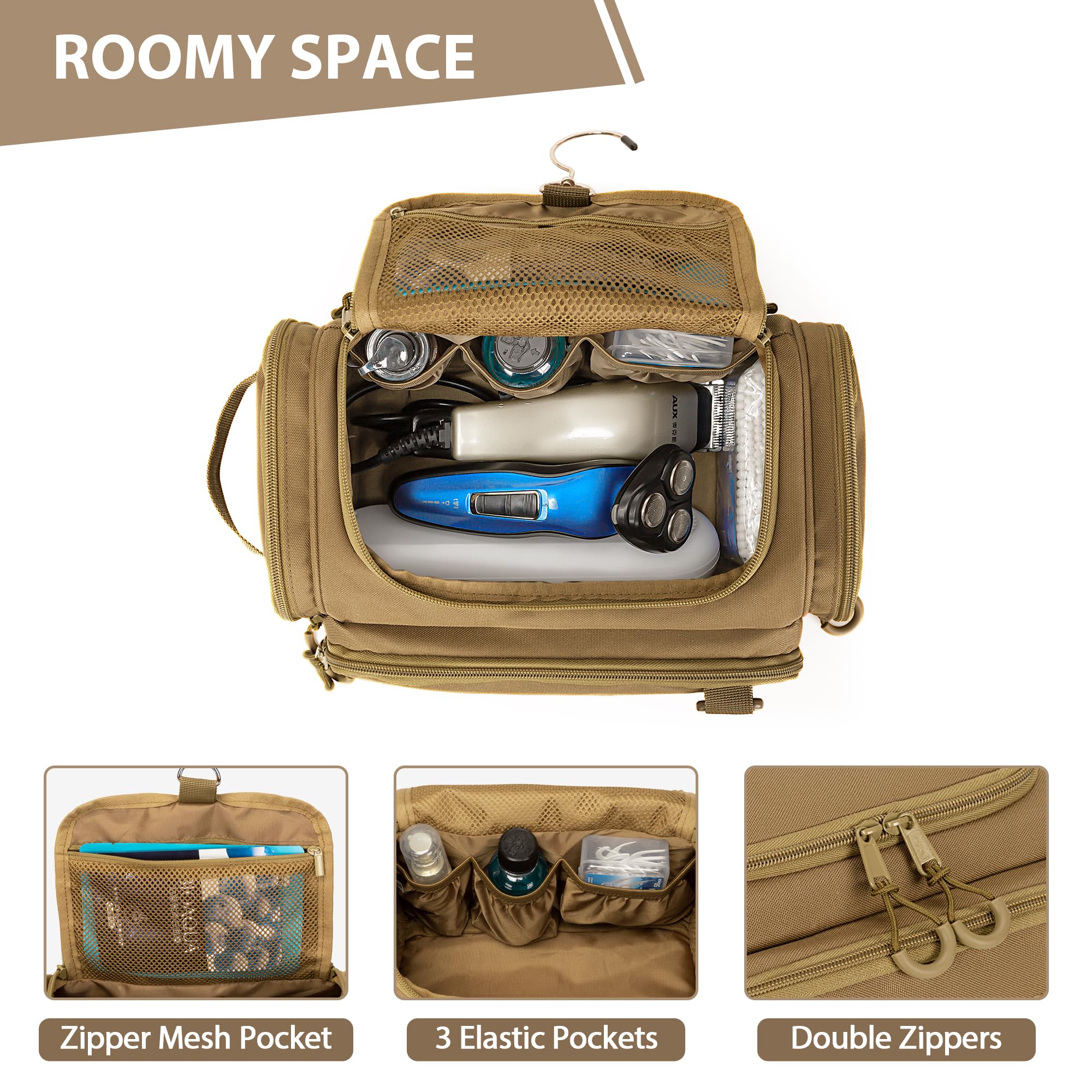 Trousse tattica da uomo, borsa igienica da appendere, organizer da viaggio per rasatura, accessori per la doccia e articoli da toeletta (borsa vuota), Cachi