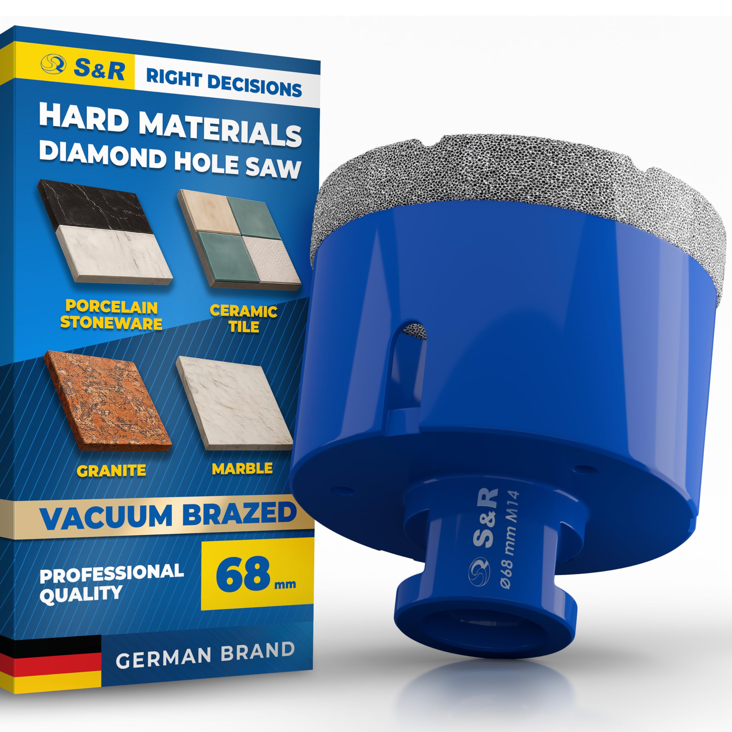 S&R Profesjonalne diamentowe wiertło do płytek 68 mm, otwornica do płytek, gwint M14, diamentowe wiertło, płytki, lutowana próżniowo koronka wiertnicza, szlifierka kątowa do ceramiki, gresu, granitu