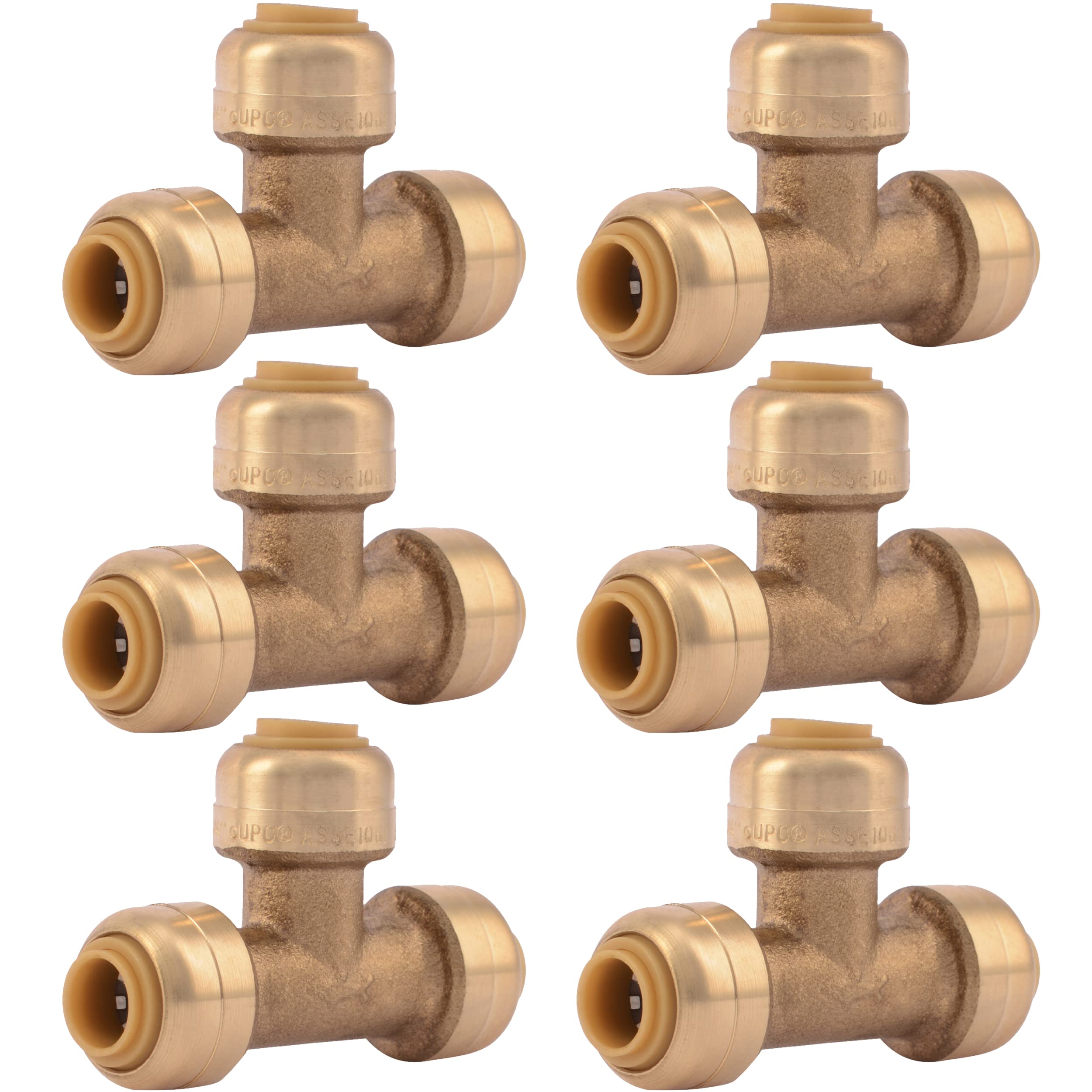 SharkBite 1/4 Inch (3/8 Inch OD) Tee, Pack of 6, Push to Connect Brass Plumbing Fitting, PEX Pipe, Copper, CPVC, PE-RT, HDPE, U358LF
