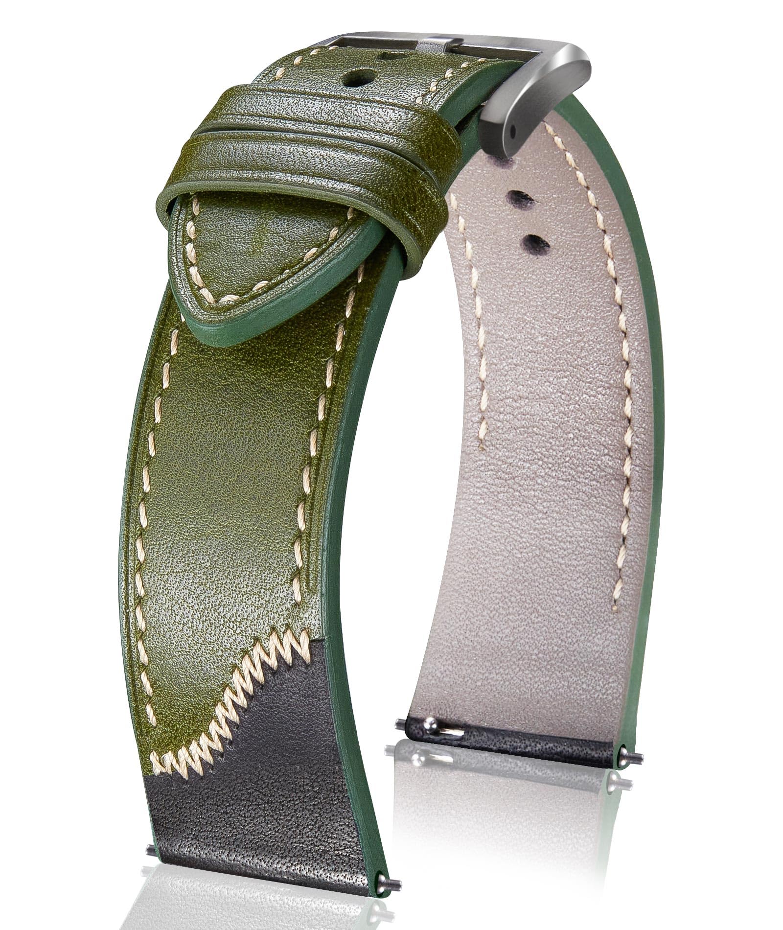 BINLUN Handmade Leather Watch Band 20mm Green Two-Tone Patchwork Strap