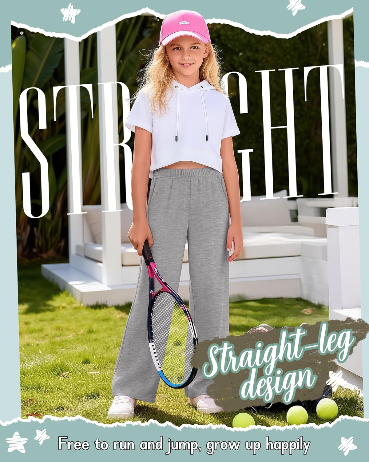 3 Pack Girls' Wide Leg Sweatpants Elastic Waist Casual Flowy Pants Teen Kid Straight Baggy Pants with Pockets 5-16Y(Rose Pink, Purple, Light Gray,5-6 Years)