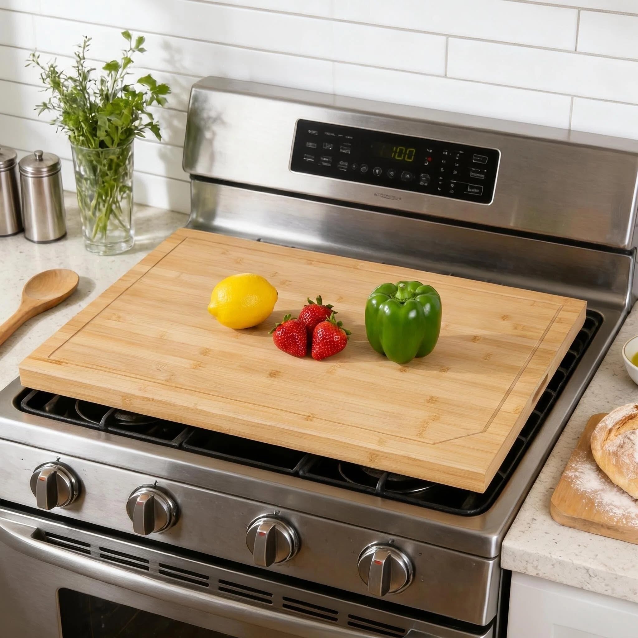 Bamboo Hob Cover 75x55cm - Stove Protector with Handles, Chopping Board