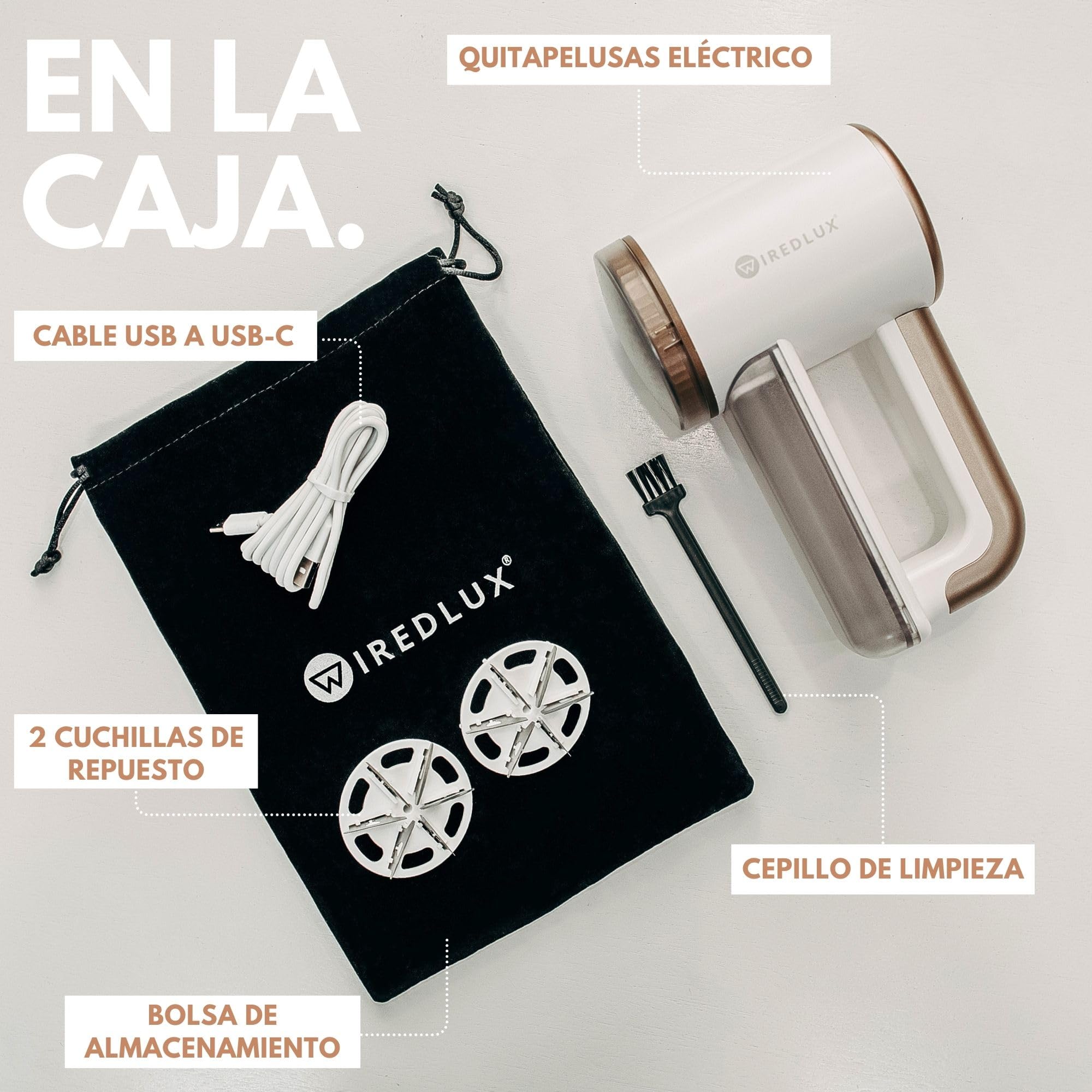 Quitapelusas Eléctrico WiredLux - Quitapelusas Recargable para Ropa y Muebles - 3 Velocidades, Cuchilla de 6 Hojas, Carga por USB - Quita Bolitas de Pelusa con Doble Protección (Blanco)