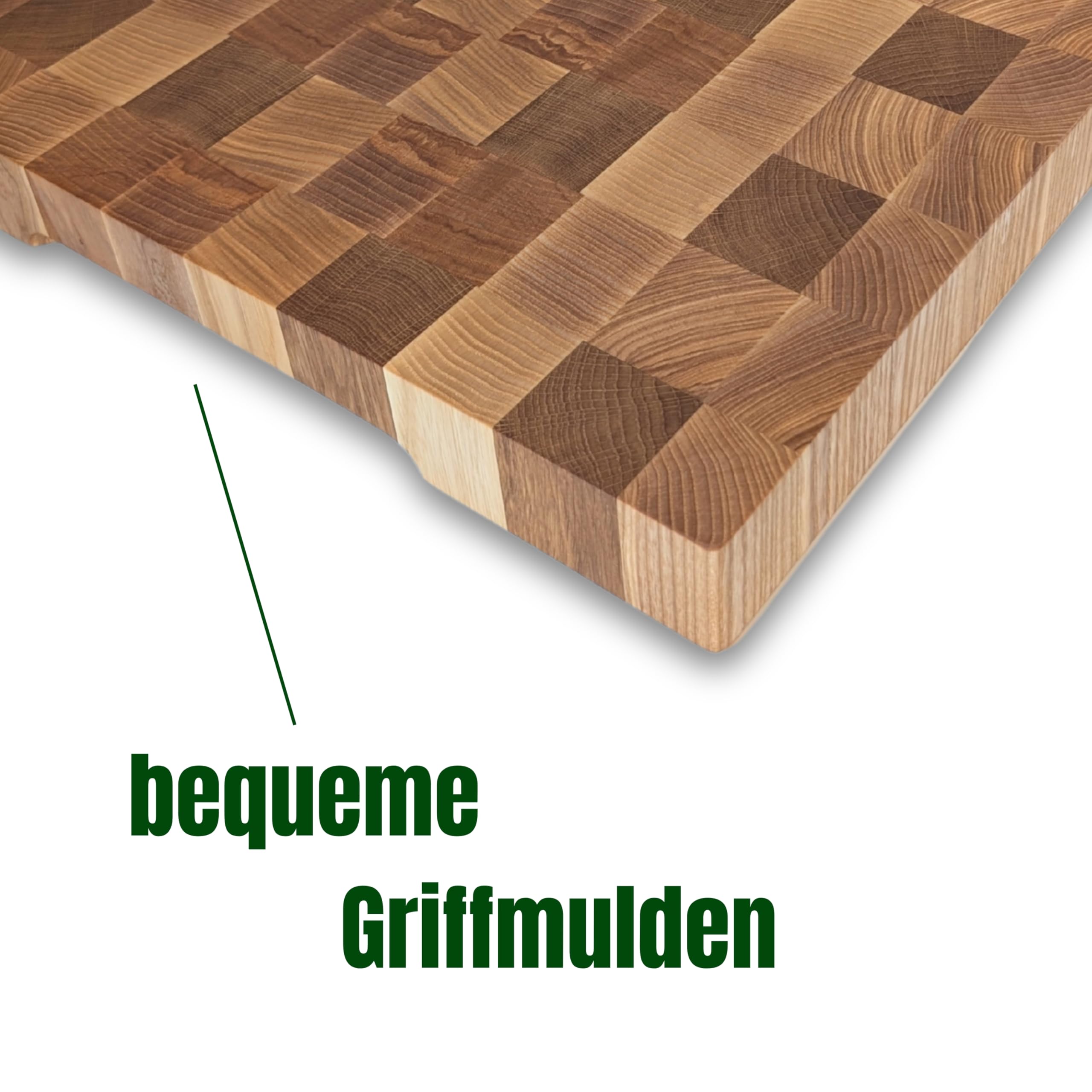 Premium Stirnholz Schneidebrett Esche & Eiche | 50 x 40 x 4,5 cm | Großes XXL Design Holzschneidebrett mit Griffmulden & Silikonfüßen | Luxus Hackblock