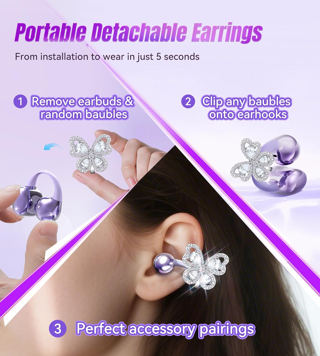 King Lucky Open Ear Earbuds Clip on Wireless Bluetooth 5.4 Headphones with Mic,50H Play,ENC Call,Waterproof,Jewelry Ear Buds,Comfortable for Small Ears&Glasses Wearers,Workouts (01-Purple) - Image 8