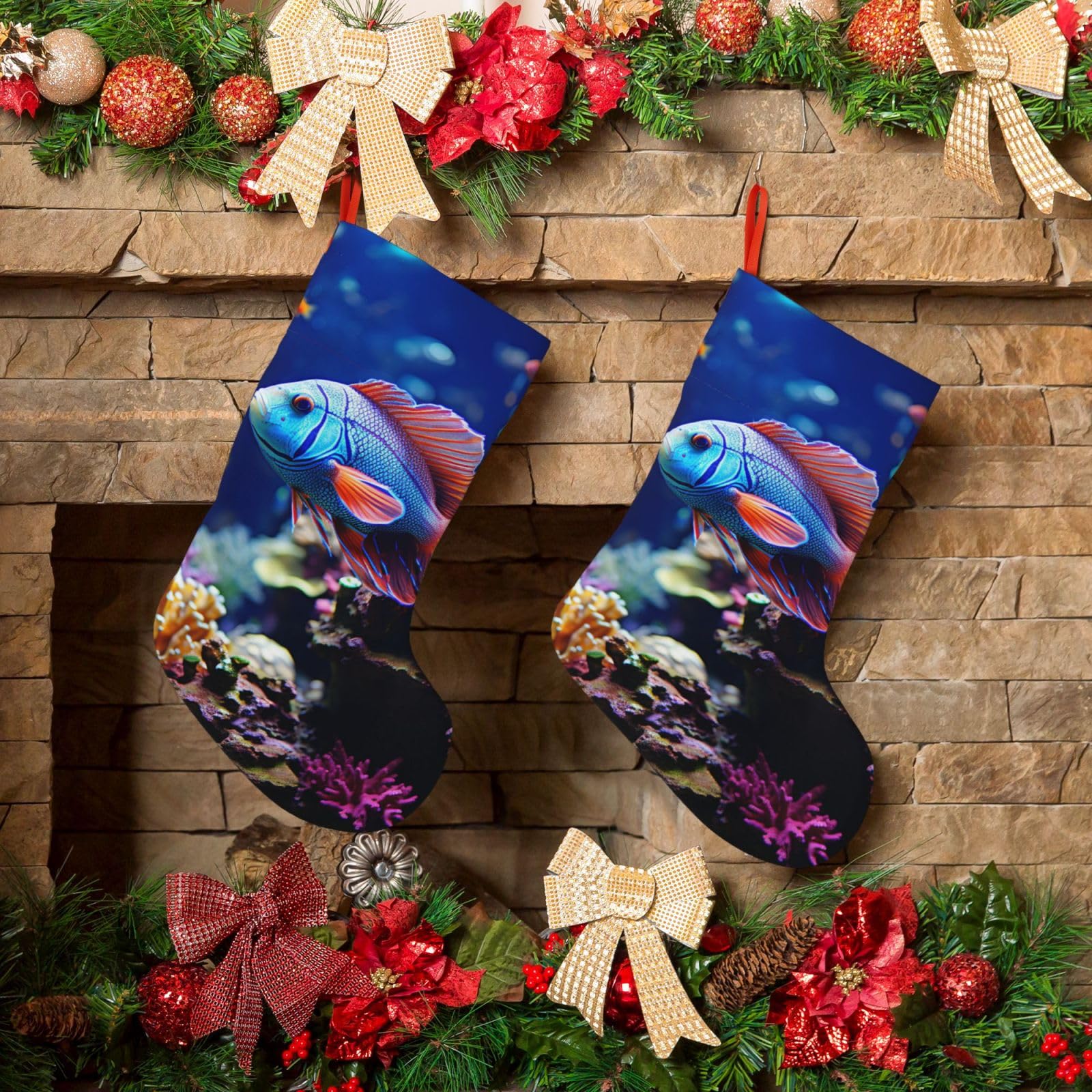 KLOPH Christmas Stockings 18" Personalized Xmas Stocking Coral Reef Fish Aquarium Decoration Stockings Hanging Ornaments Fireplace Stocking for Holiday Xmas Tree Christmas Decor