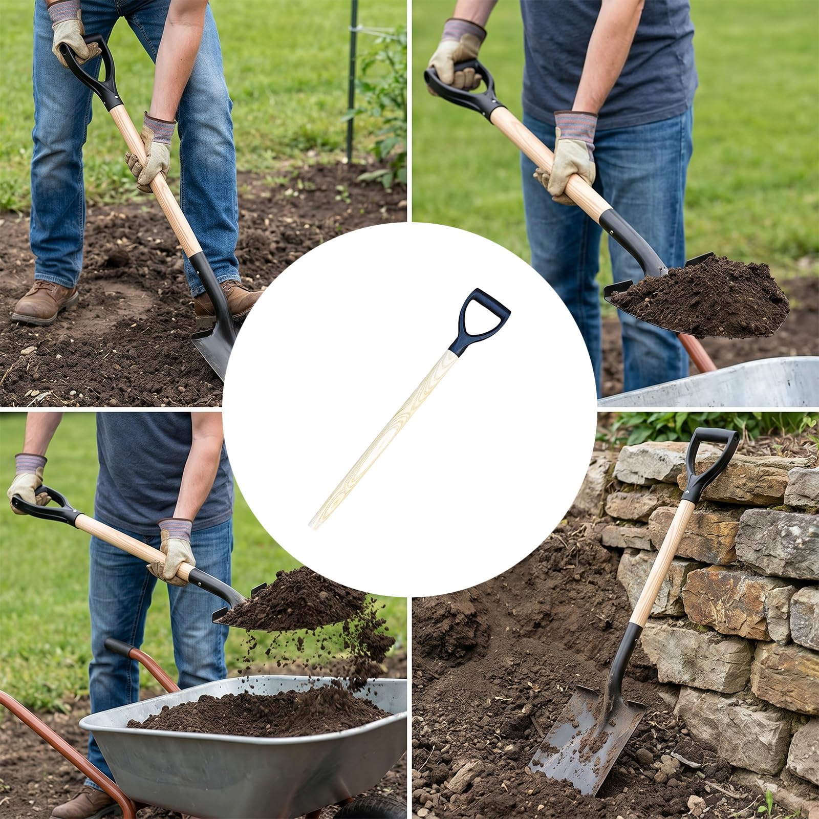 Pala da giardino ergonomica a forma di D con testa rimovibile, B | Adatto per lavori in cortile, paesaggistica, trapianto e avventure all'aperto, con struttura in legno per lungo tempo