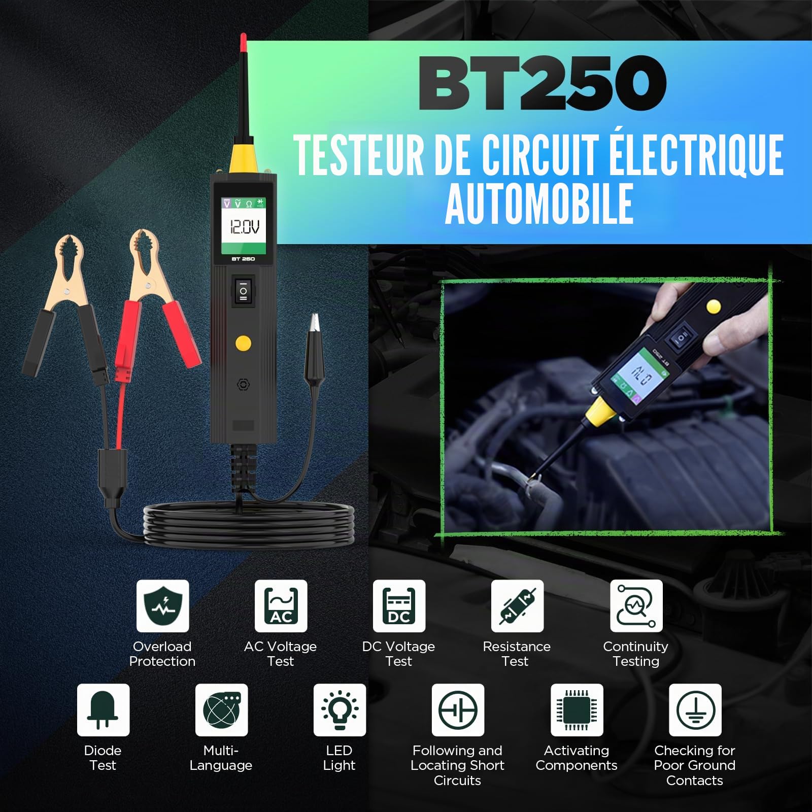 Testeur de circuit de voiture, testeur de tension 12 V 24 V pour systèmes électriques, détecteur de commutateur, testeur de tension AC/DC, multimètre, détecteur de court-circuit