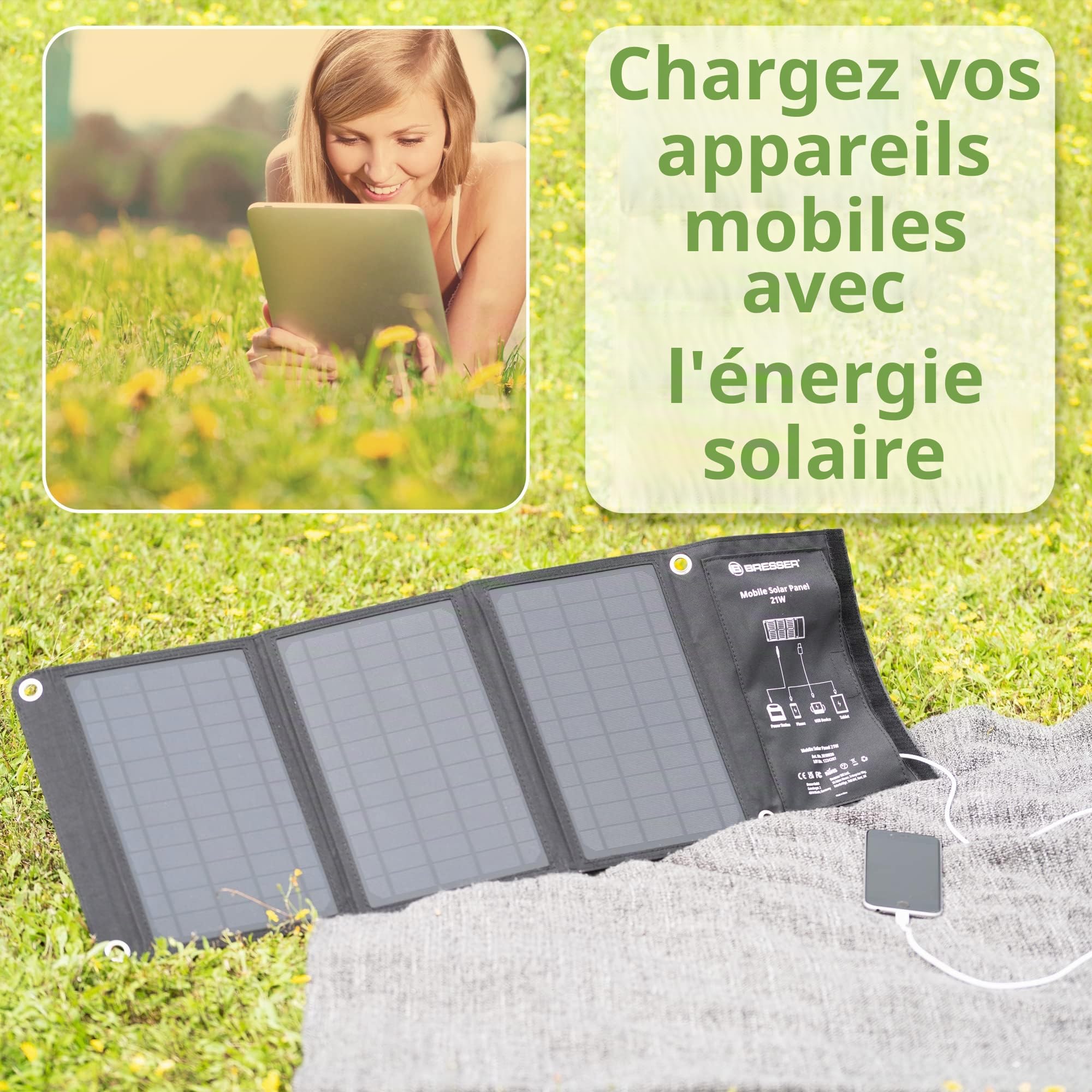 Bresser Chargeur Solaire Portable 21 W Pliable avec USB A et Sortie DC