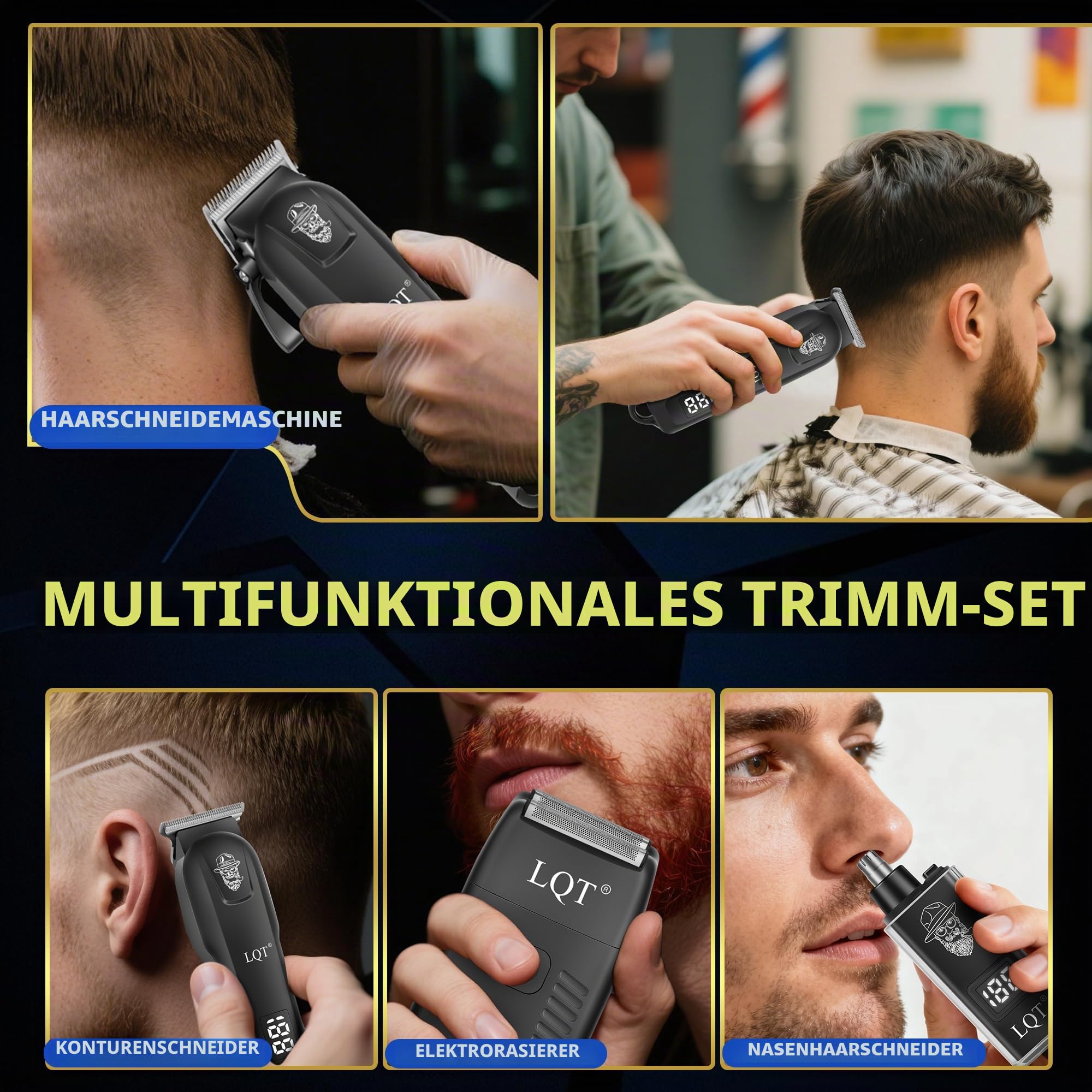 Haarschneidemaschine für Männer, 4-teiliges professionelles Fellpflegeset mit Haarschneidemaschine, LED-Power-Display, Detail-Trimmer und Nasentrimmer, komplettes kabelloses Set für den Heimfriseur