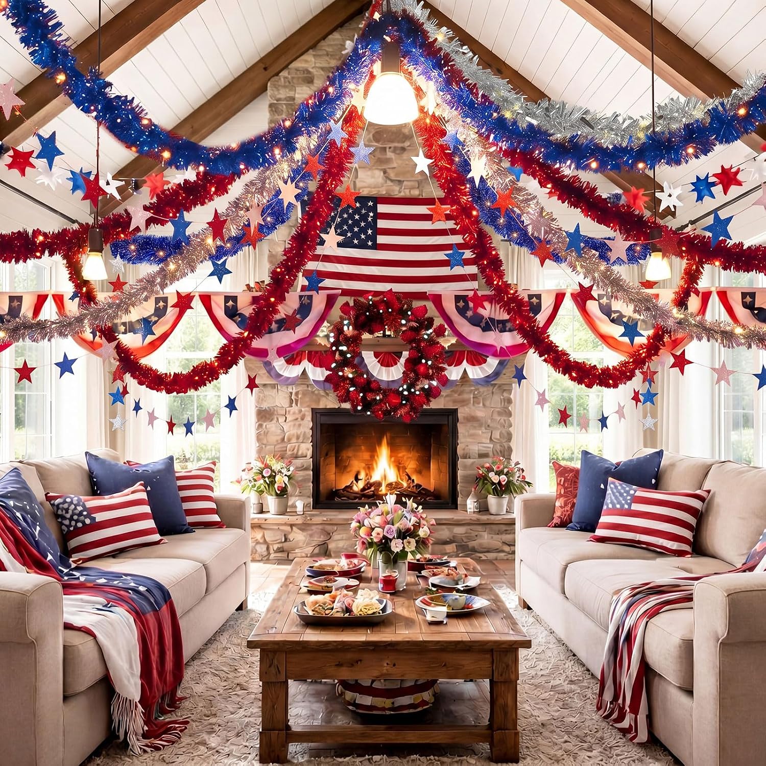 Skylety Patriotic Ceiling Decorations 4th of July 39 ft Red White Blue Tinsel Garland 13 ft Patriotic Star Garland 250 Anniversary Hanging Decor 65ft LED String Light 100 Hook for Independence Day