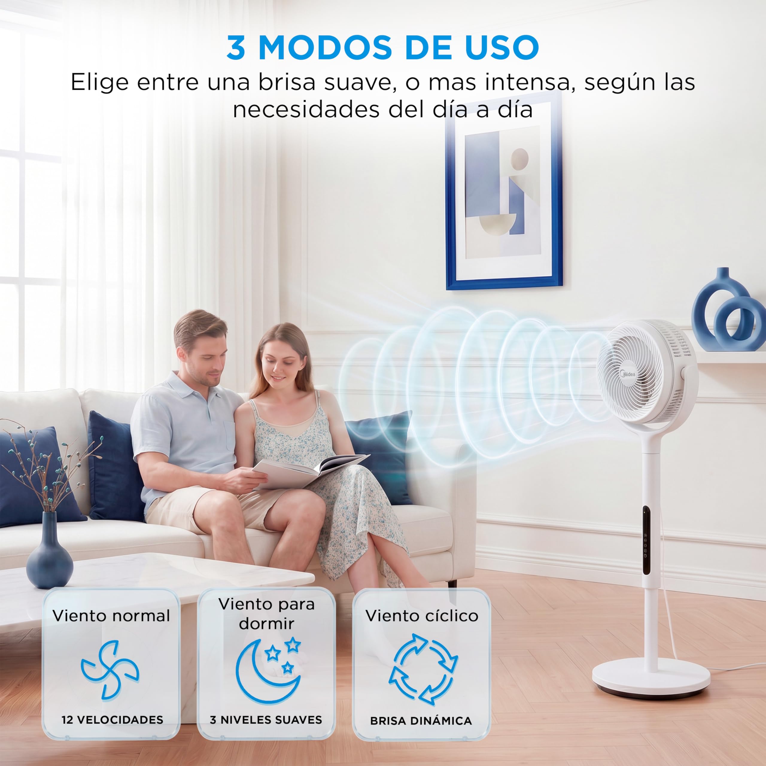 Midea Ventilador de Pie de 12 Velocidades con Mando a Distancia - Ventilador Silencioso con Oscilación 120º + 135º y Altura Regulable - Temporizador, Filtro, Doble Aspa, y 3 Modos - Alcance hasta 24 m
