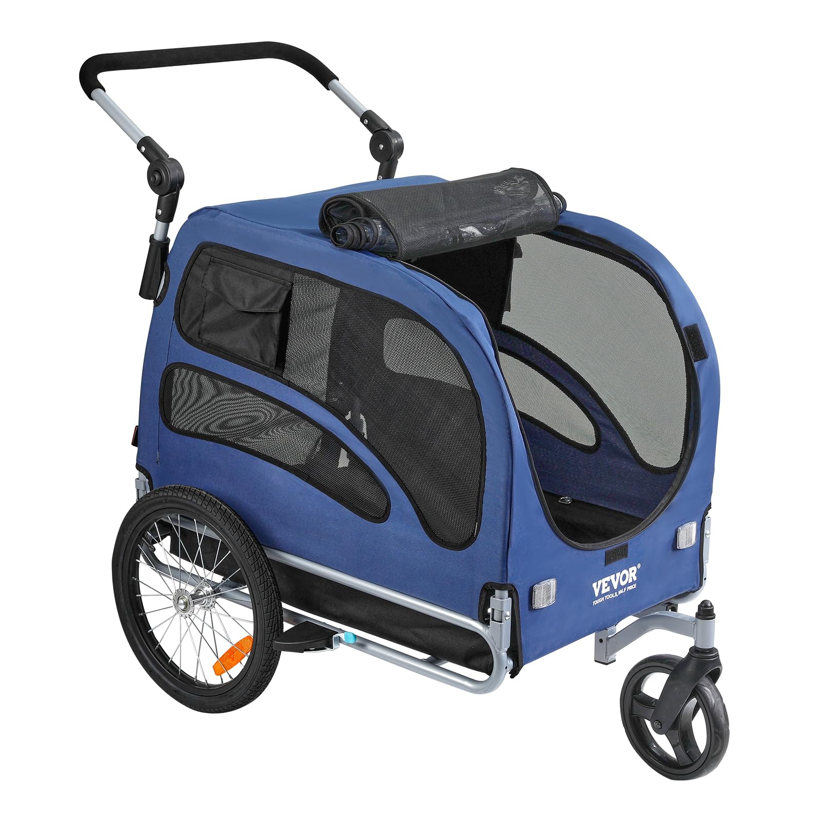 VEVOR Rimorchio Bici per Cani Pieghevole Portata max. 45kg Passeggino per Animali Domestici con Ruote a Sgancio Rapido, Attacco Universale, Carrello per Bici Traino Rimorchio per Animali Nero/Blu
