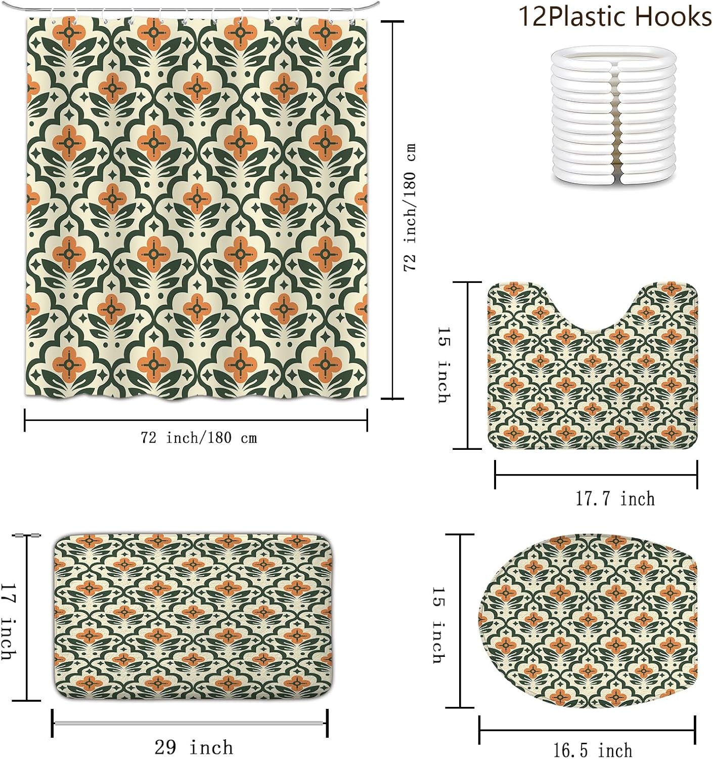4PCS Vintage Boho Floral Shower Curtain Set, Modern Abstract Orange Green Waterproof Bathroom Accessories with Non-Slip Rugs, Toilet Lid Cover Bath Mat and 12 Hooks, Home Decor 72" X 72"