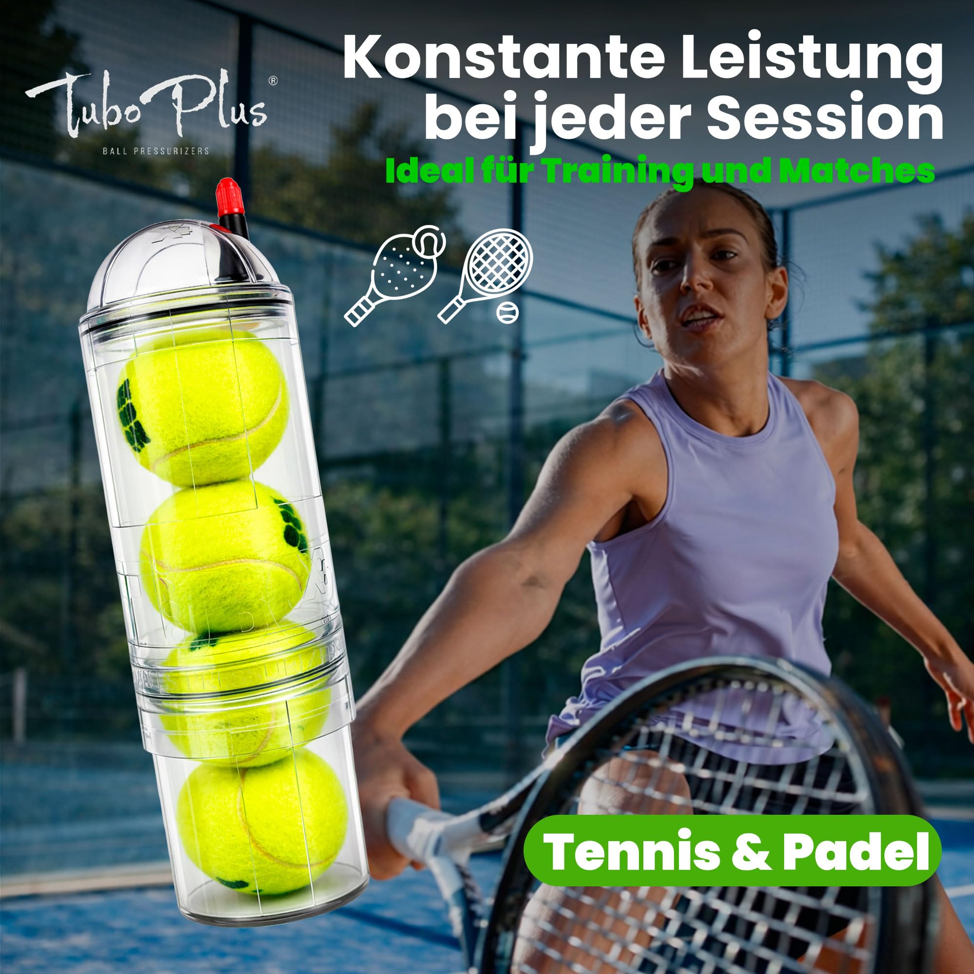 TUBOPLUS - Druckbehälter für Padel- und Tennisbälle | TUBOX4 Crystal | Kompressor für Bälle | unverzichtbares Zubehör