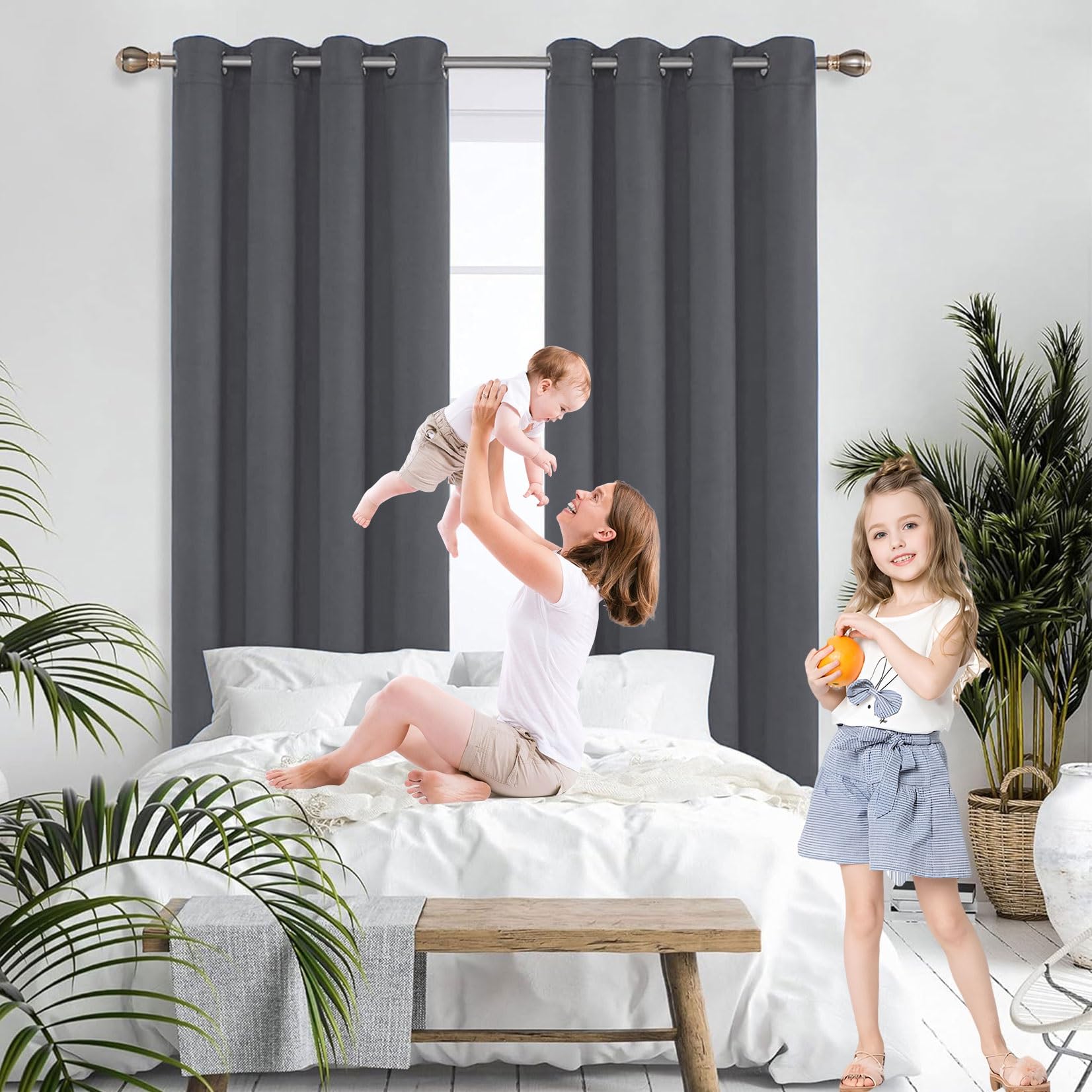 Zestaw 2 Zasłon Z Zakładkami Ołówkowymi 40 x 95 cm Zasłony Z Izolacją Przelotkową Zasłony Dźwiękochłonne Do Okien W Salonie I Sypialni, Zestaw 2 Sztuk, Ciemny szary