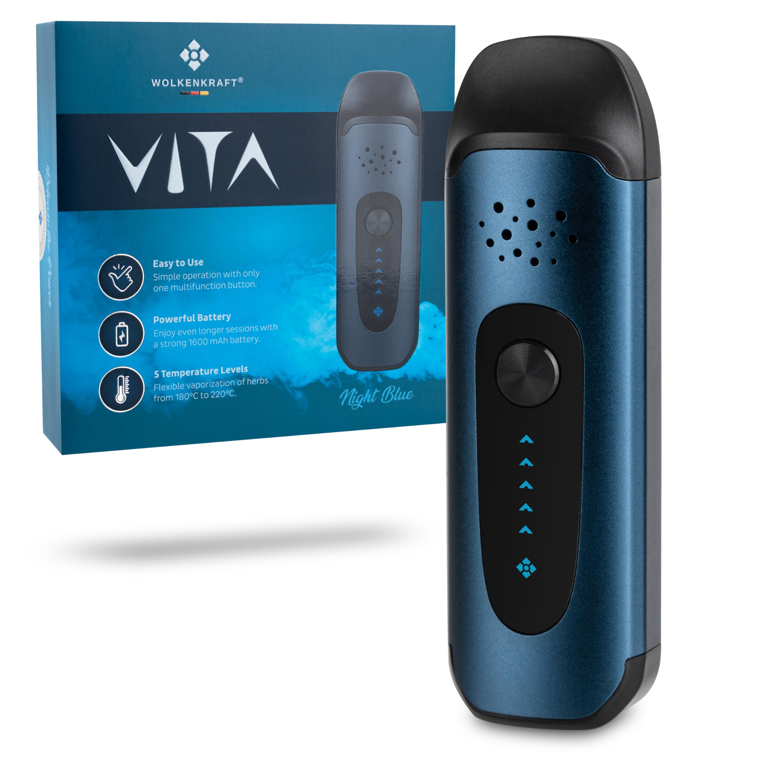 WOLKENKRAFT ViTA Premium-Vaporizer *Nachtblau* | Für Kräuter & Extrakte | 5 Temperaturstufen | kompakt | vollisolierter Luftkanal | Edelstahl-Kammer | einfache Bedienung