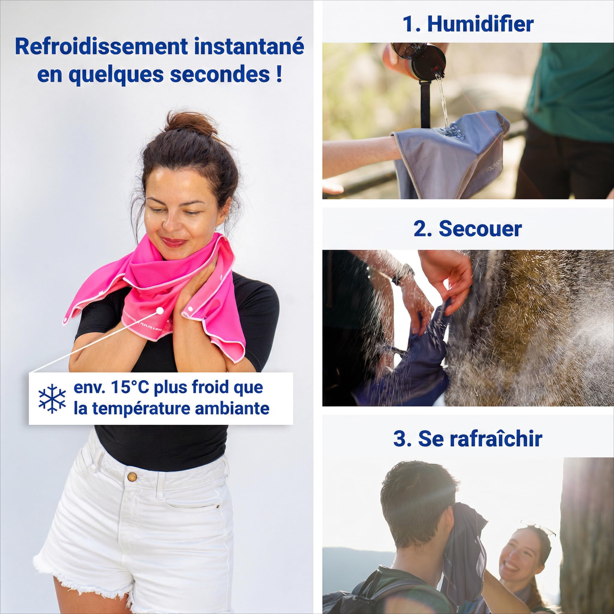Serviette Rafraîchissante 90 × 30 cm avec Boutons Pression – Serviette de Refroidissement Réutilisable pour Sport & Forte Chaleur, UPF 50+, Facile à Réactiver – Humidifier et Secouer
