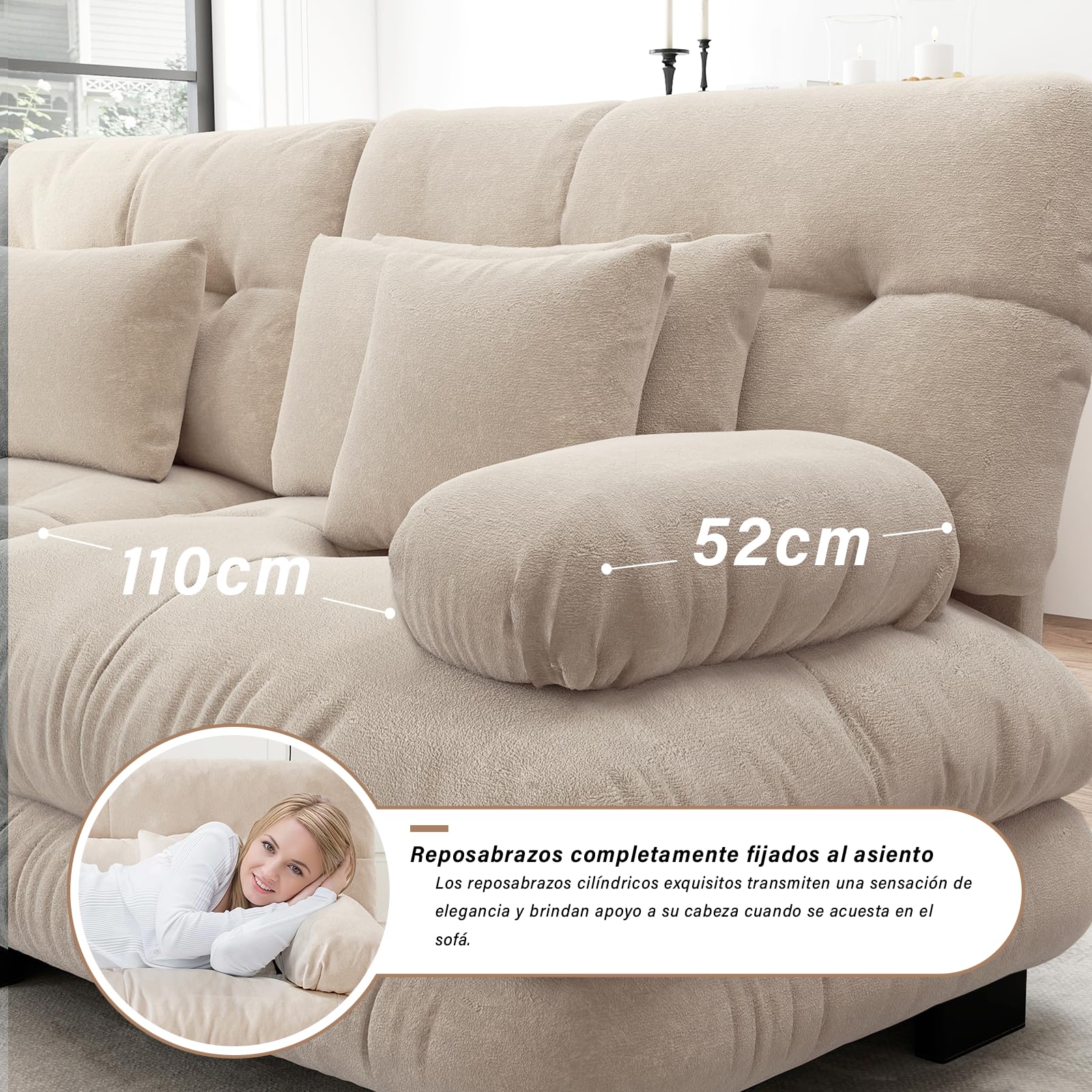 SoarFlash Sofá L Modular de 2 plazas para salón Moderno, sofá Nube de Tela Chenille con reposabrazos, marrón Claro, 145×220cm