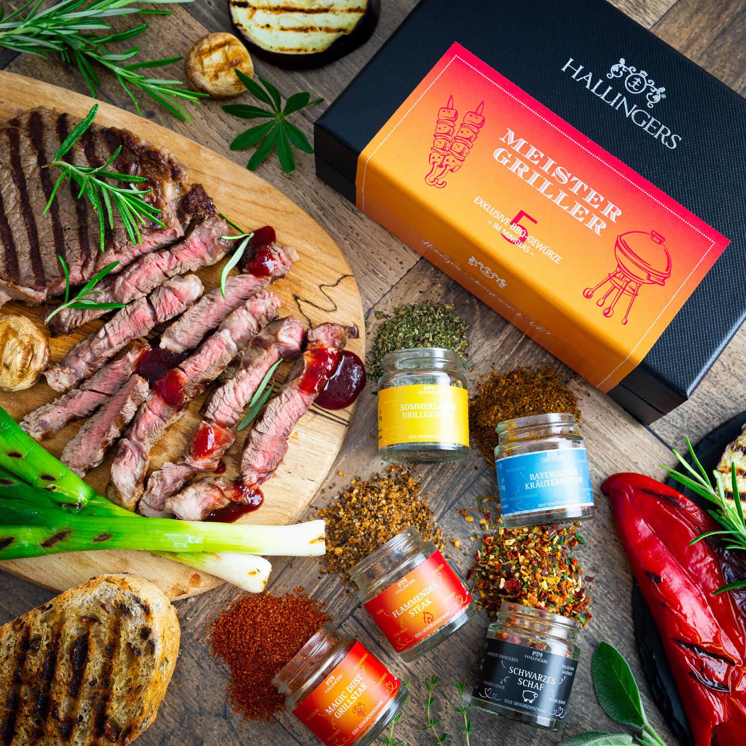 Hallingers Genuss Manufaktur Gewürz Geschenk-Set - 5 Gewürze aus aller Welt in wertiger Geschenkbox mit Rezept-Booklet "Meistergriller", Geschenkidee für Männer Freund