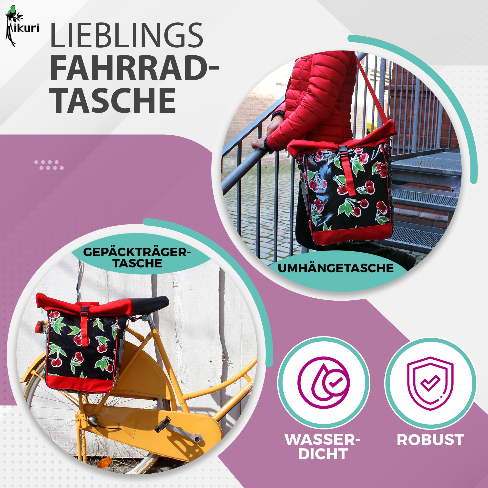 Ikuri Fahrradtasche für Gepäckträger Satteltasche Einzeltasche Packtasche, abnehmbar, mit Tragegurt zum Umhängen, aus Wachstuch, UNISEX, Wasserdicht