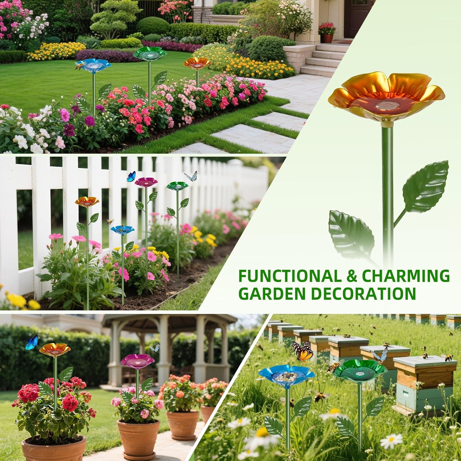 Bee Watering Station for Garden, 4 Pack Bee Feeder Cups, Colorful Flower Bee Bath, Metal Pollinator Friendly Outdoor Garden Decor for Bees & Butterflies (4)