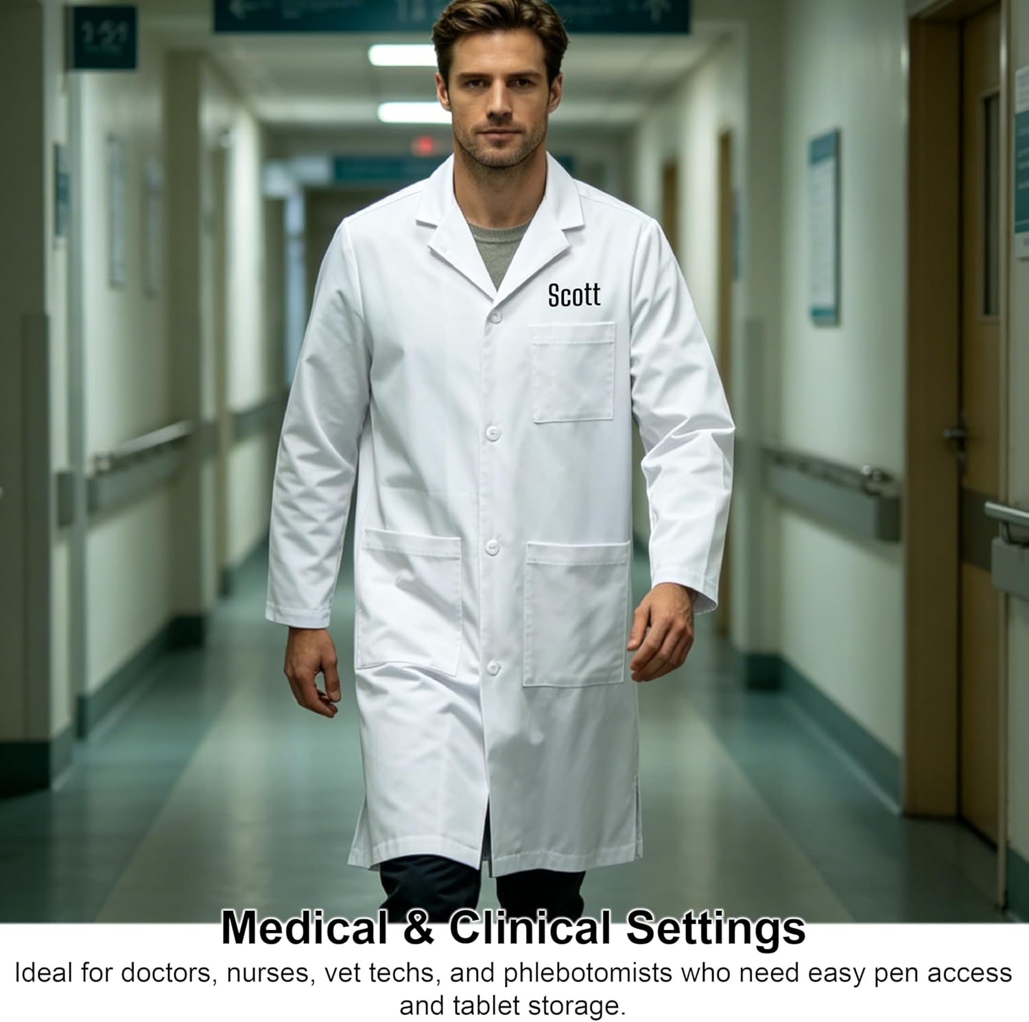 Custom Printed or Embroidered Lab Coat | Add Your Name, Title & Logo | Professional Medical & Lab Wear, Long White Coat for men and women.