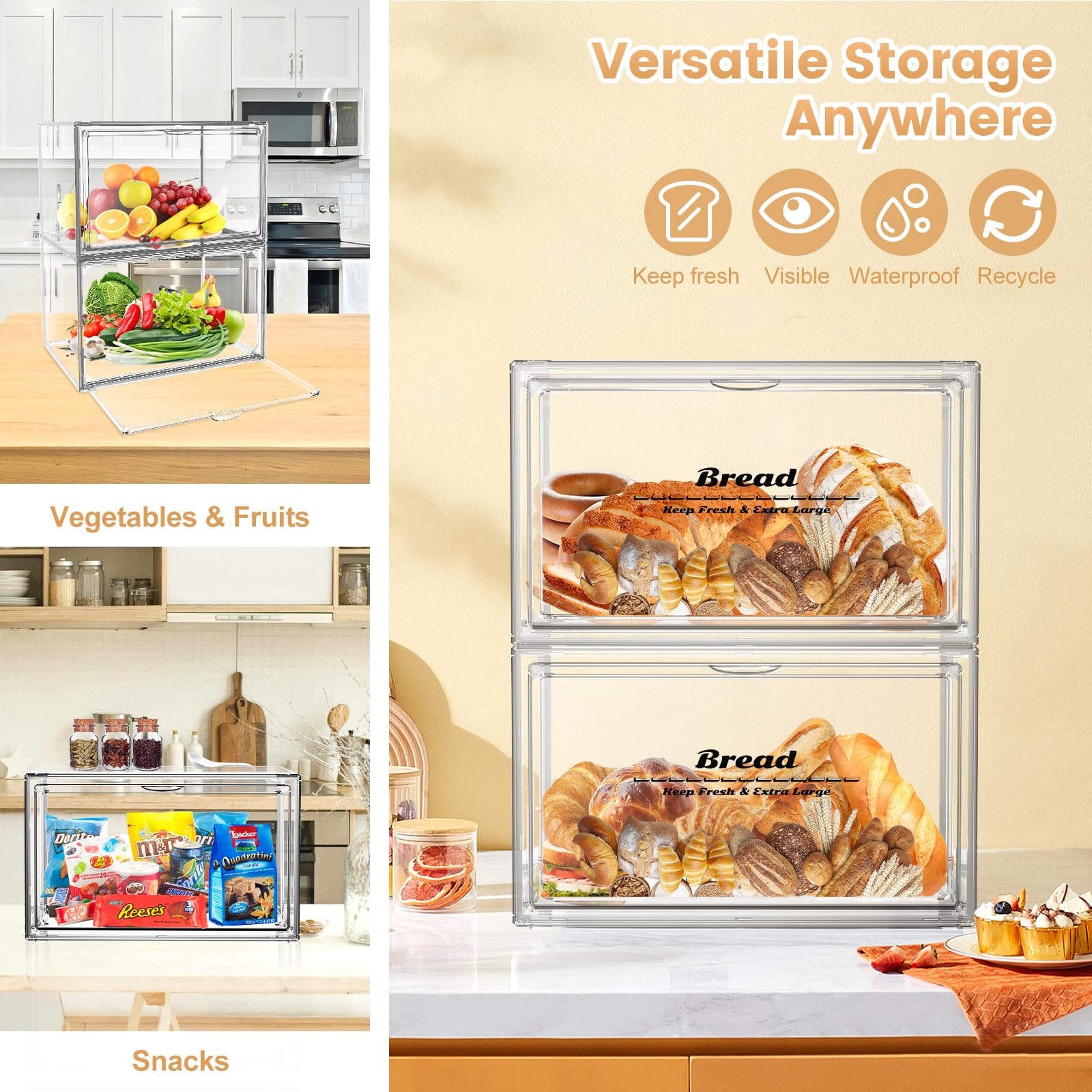 SMFANLIN Large Bread Box for Countertop Stackable Clear Bread Storage Box Holder for Kitchen Bakery Storage Bread Container Bread Keeper for Homemade Bread Bagel Muffins Rolls - Image 4