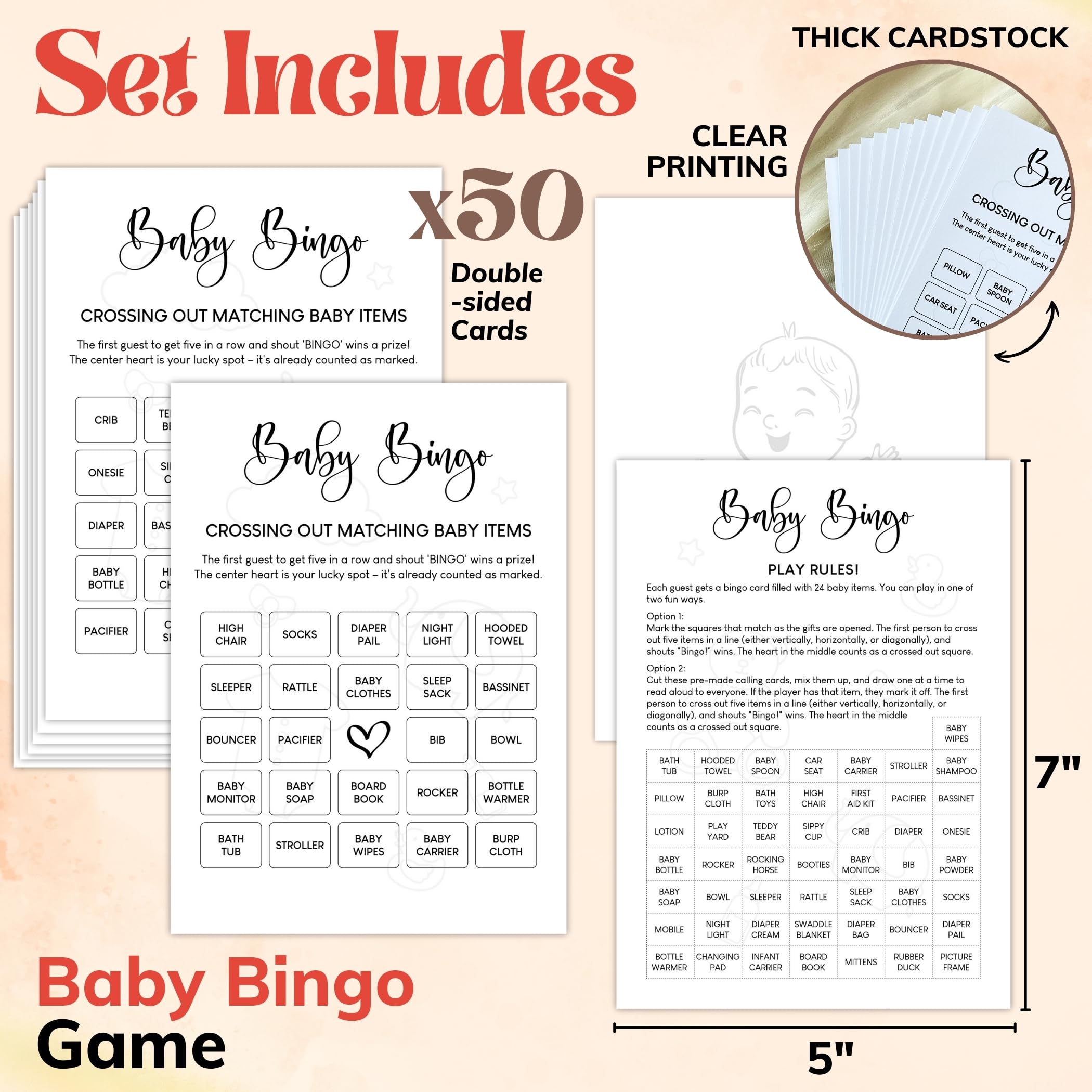 WOODAMORE Baby Shower Bingo Game For Girl - Baby Bingo For Baby Shower Boy, Bingo Baby Shower Game Gender Neutral For 50 Guest, Fun Baby Shower Activities