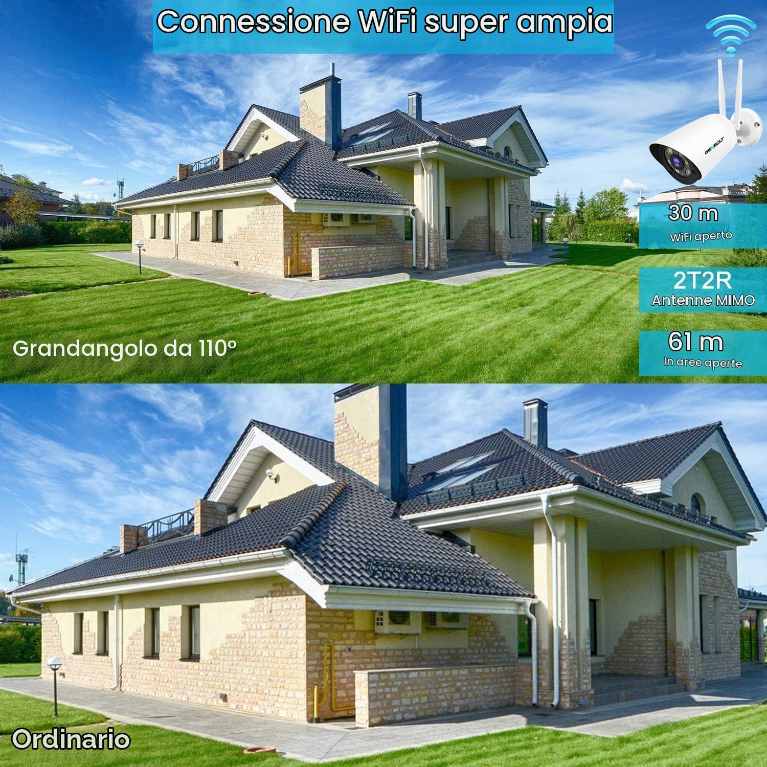 GENBOLT Telecamera Wi-Fi Esterno 2.4/5GHz Videocamera Sorveglianza | 110° ultra grandangolare, PoE, Registrazione 24/7, Visione Notturna a Colori, 4X Zoom Digitale, Rilevamento Umano
