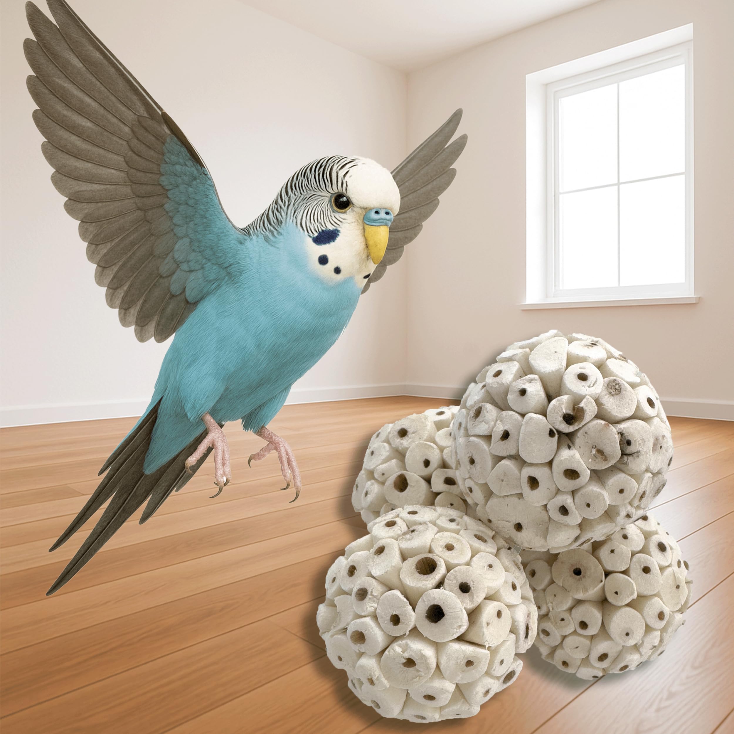9001 Pk4 3.2 Inch Handmade Sola Wood Balls - Natural Bird Toys for Cage - Soft Shreddable Chewing Foot Toys for Cockatiel, Parakeet, Parrot & Conure - Safe Foraging Birdcage Accessories & DIY Parts - image 7