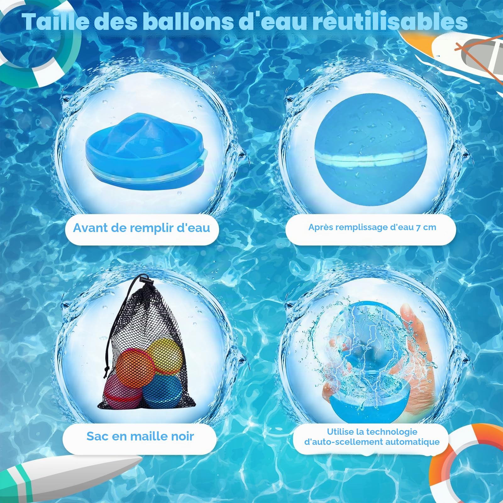 Bombe a eau Réutilisable, 15Pcs Ballons Bombes d'eau à Fermeture Automatique et Remplissage Rapide, Ballon d'eau Reutilisable Jeux d'eau Exterieur pour Enfants Adultes Plage Piscine et Jardin