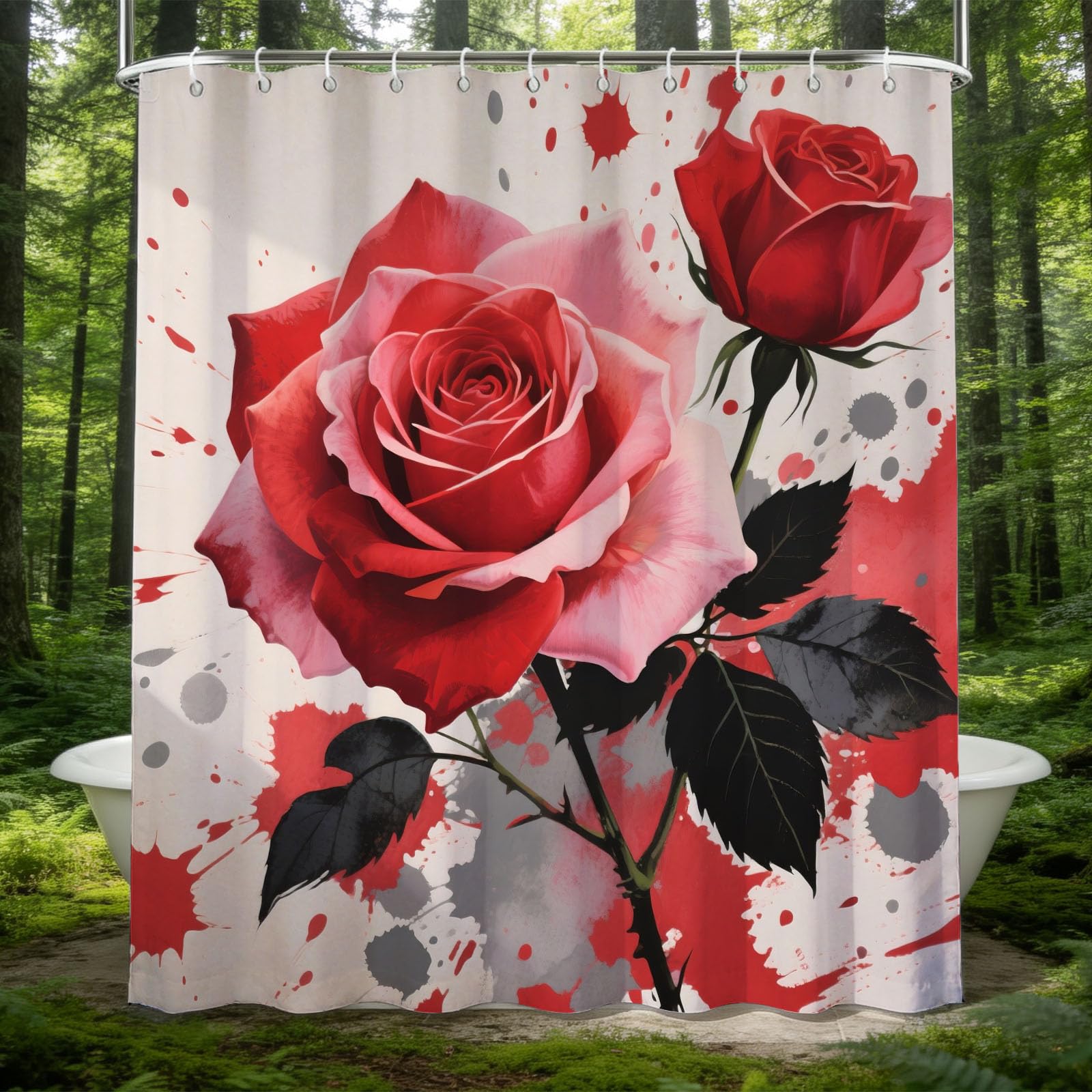 Hongduo 3D Rose Printed Shower Curtain for Stalls Bathtubs Splash Ink Rose Bathroom Decor Shower Curtain Set Polyester Fabric Waterproof 200x200cm/79X79 Inch with Hooks