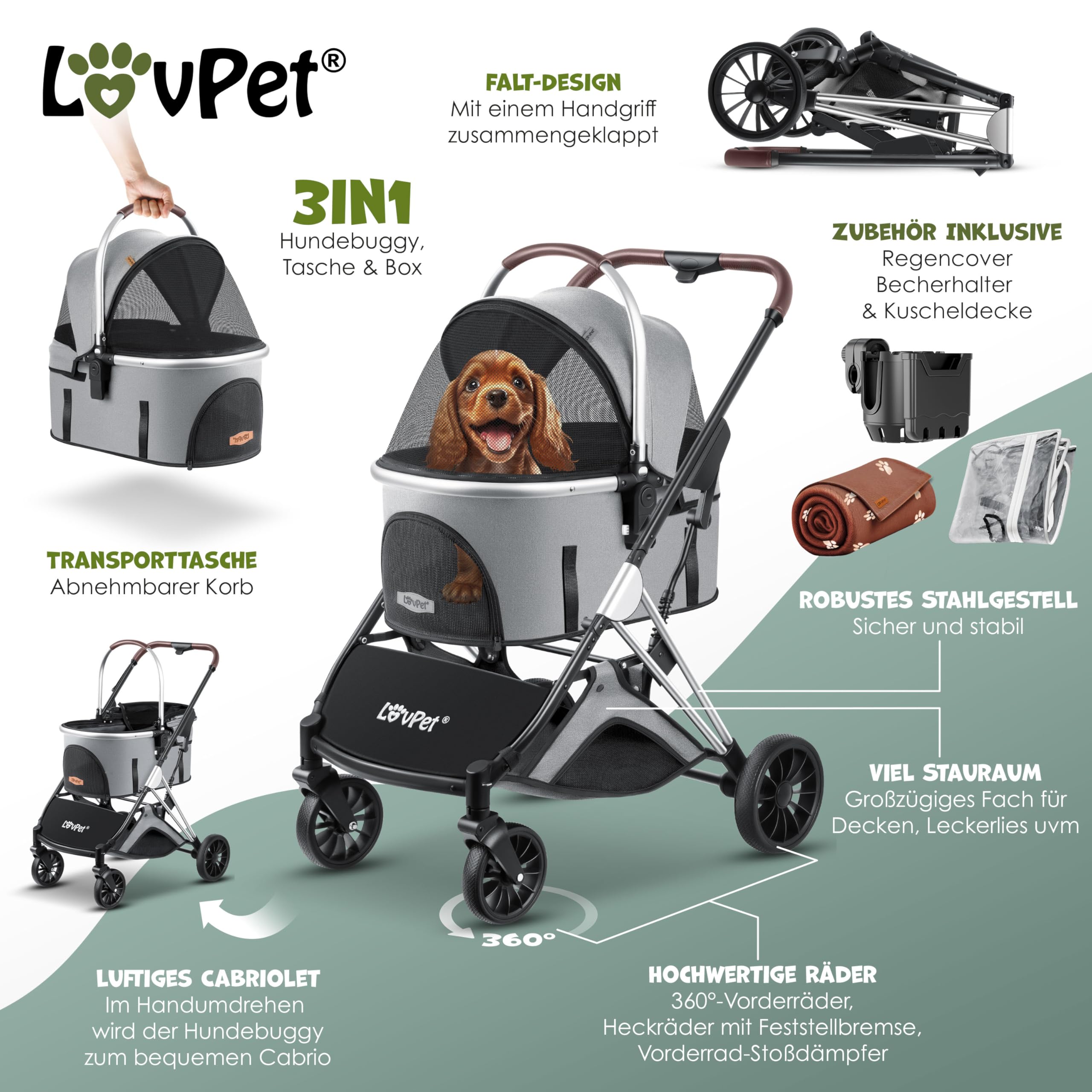 LOVPET® Passeggino per cani 3 in 1, borsa per il trasporto per cani di piccola taglia, pieghevole a 360°, con finestre a rete e copertura antipioggia, per cani di piccola taglia e gatti