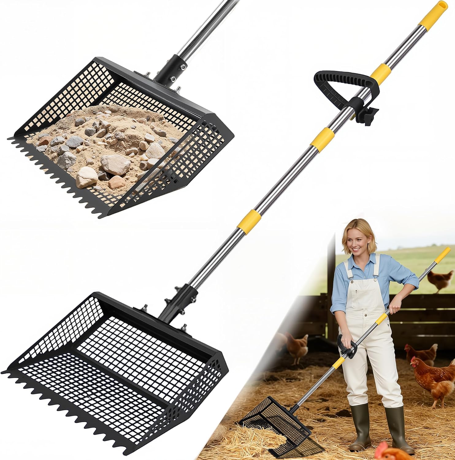 AsFrost 2-in-1 Chicken Poop Scooper & Rake,12" Heavy Duty Litter Scooper Sand Sifting Shovel for Chicken Coop & Pet Waste Cleaning, Adjustable 26" to 76" Stainless Steel Handle for Small Farm & Sand