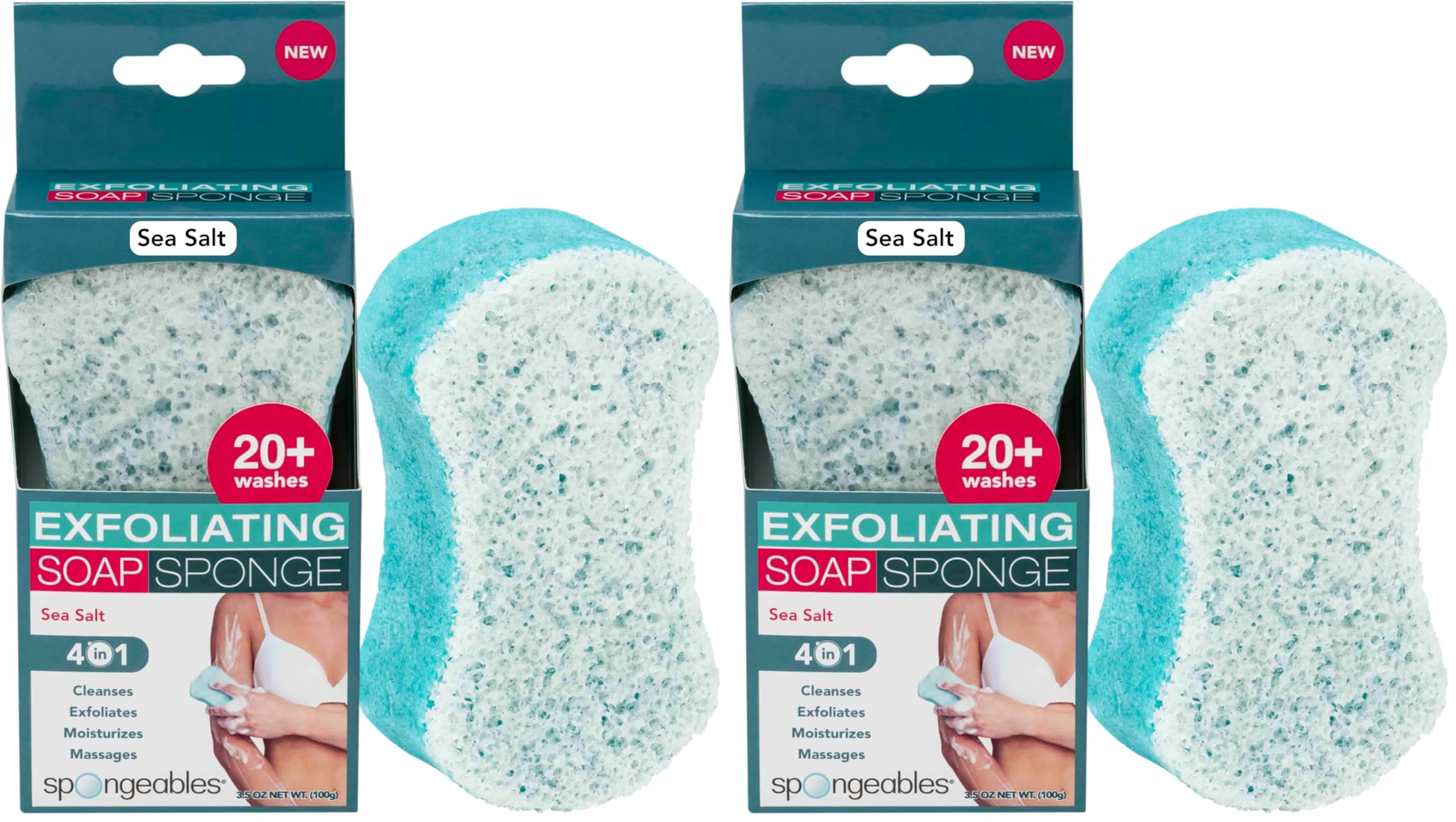 Spongeables Exfoliating Body Wash in A Sponge, Sea Salt, Contains Avocado Oil and Vitamin E, Cleanse, Exfoliate, and Moisturize, 3.5 Oz, 20+ Washes, Pack of 2