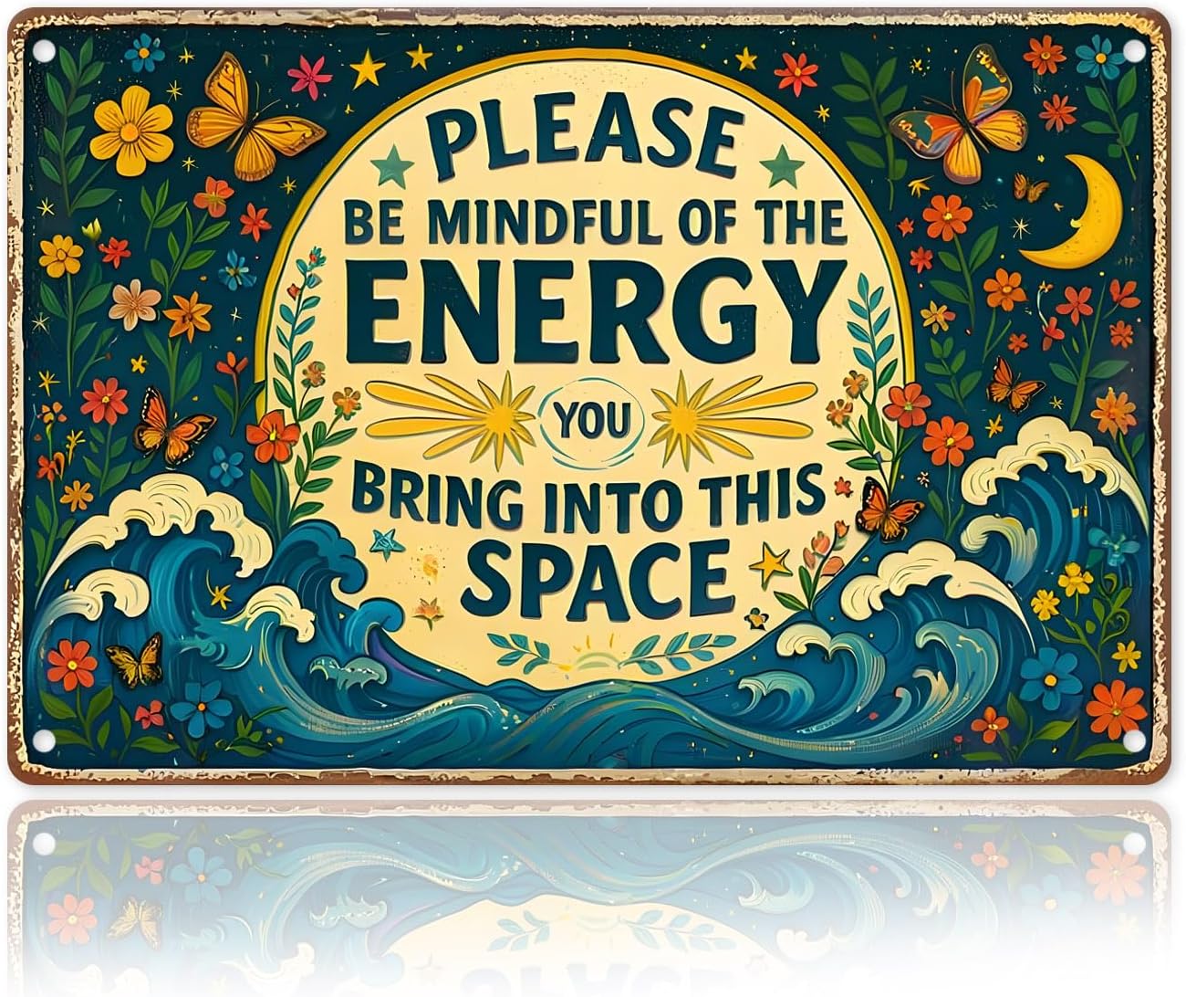 Spiritual Retro Wall Art for Meditation Room, Yoga Studio, Boho Home Decor - "Please Be Mindful of the Energy You Bring" Positive Quote Metal Sign Funny Gifts 12x8 Inches (704)