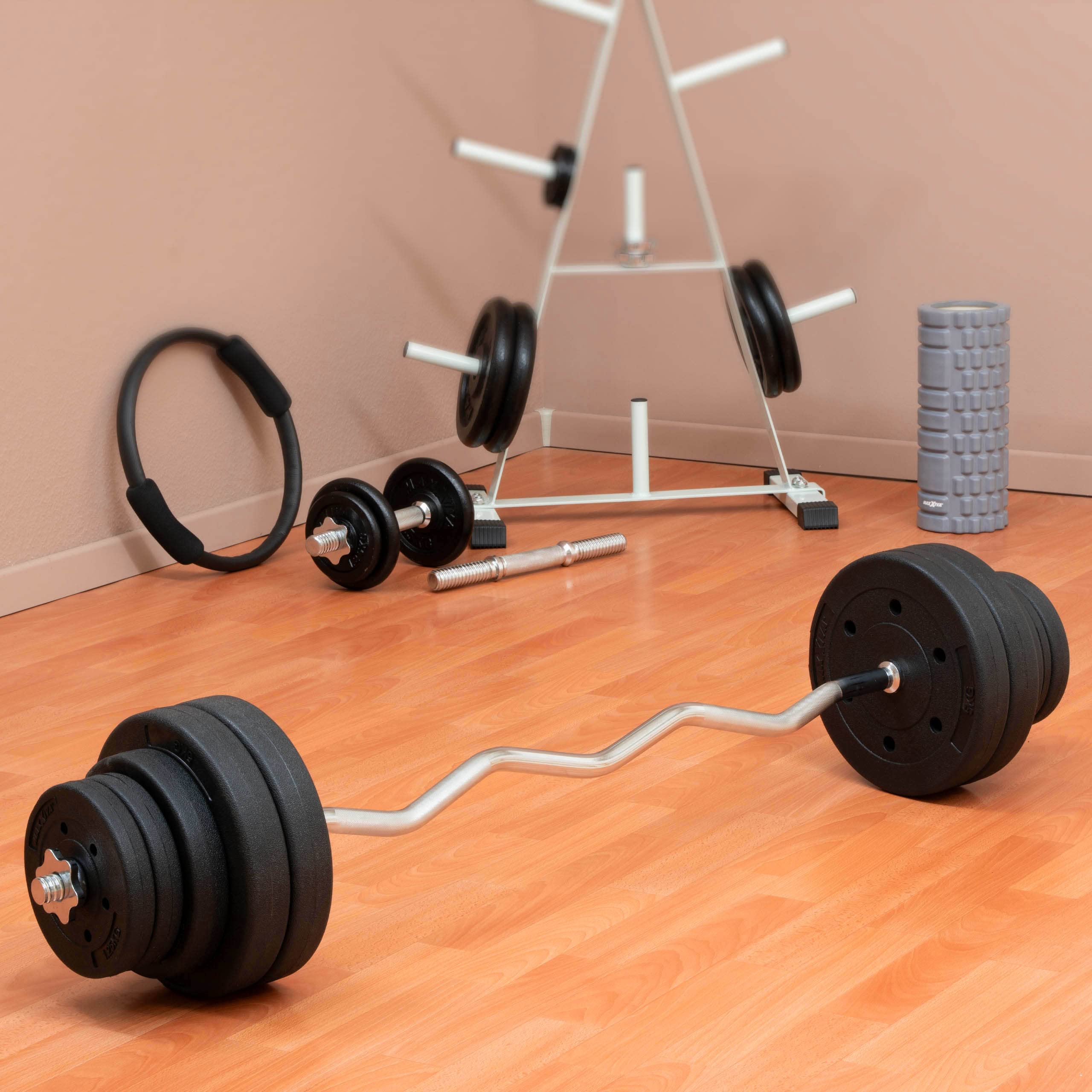 Curl-Set 130 cm 35 kg 10 Gewichte Zementfüllung Krafttraining Zugstange silber verchromt Bodybuilding Fitness Schraubverschlüsse Gewichtheben Sternverschlüsse