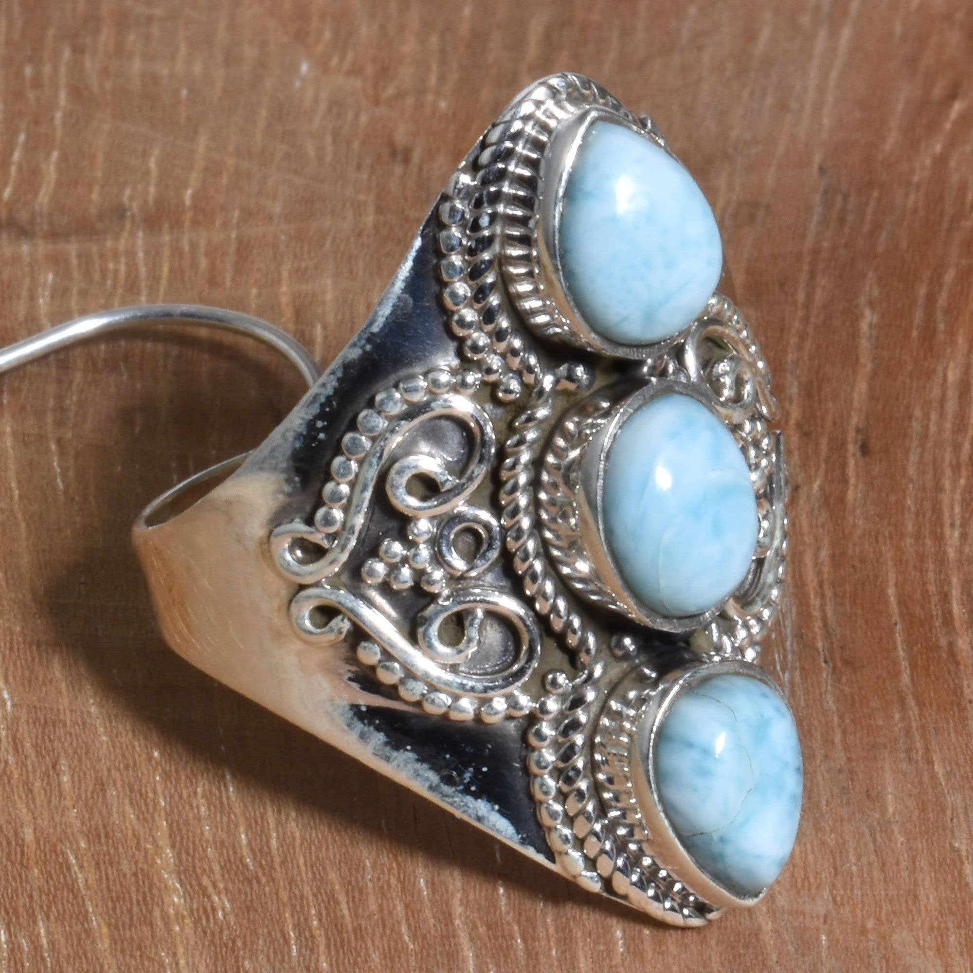 Anillo de plata de ley 925 con tres piedras de larimar natural para mujeres y niñas
